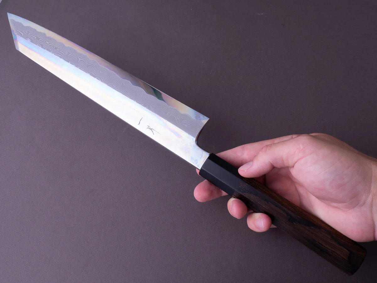 Hitohira - Kikuchiyo x Mosuke - Enmon - White #1 Damascus - Mirror Polished - 270mm Kiritsuke - Ziricote Handle - Image 11