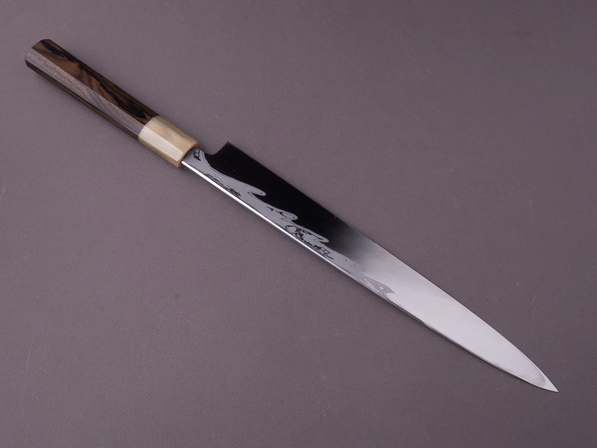 Hitohira - Kikuchiyo x Mosuke - Kikko - Blue #1 - 300mm Yanagiba - Ziricote Handle - Saya - Image 4