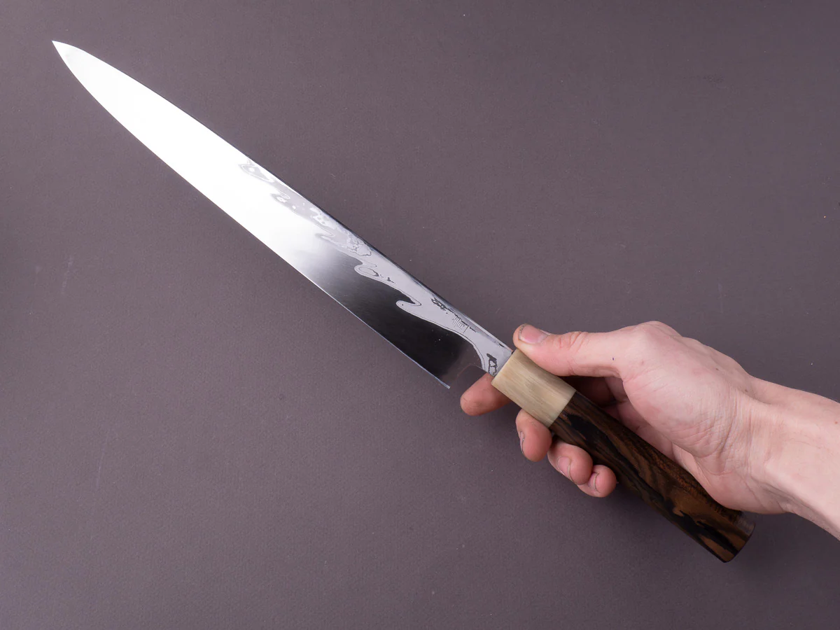 Hitohira - Kikuchiyo x Mosuke - Kikko - Blue #1 - 300mm Yanagiba - Ziricote Handle - Saya - Image 8