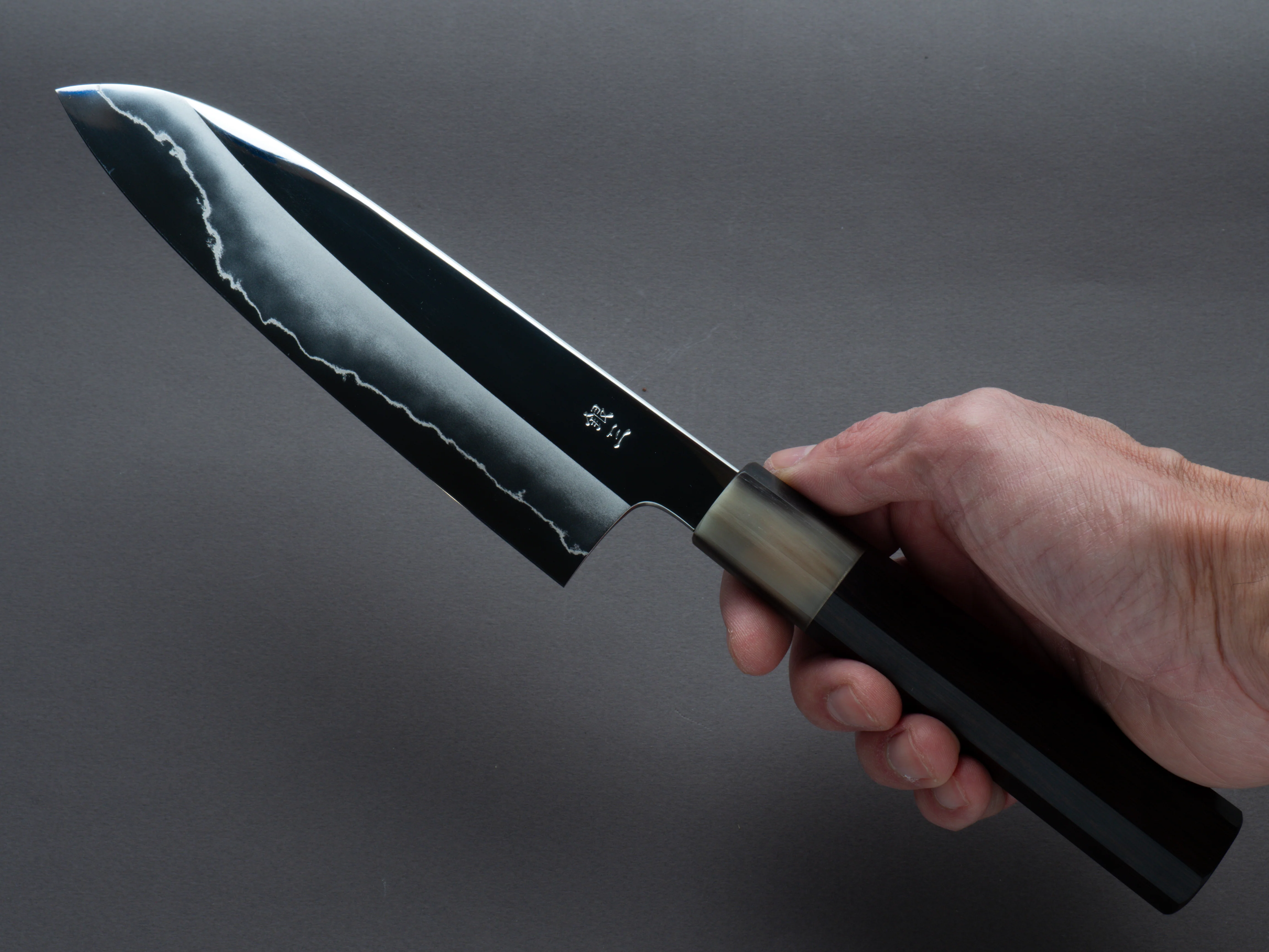 Hitohira - Kikuchiyo x Rou - Silver #3 - Mirror Polished - 170mm Santoku - Ebony Handle - Image 6