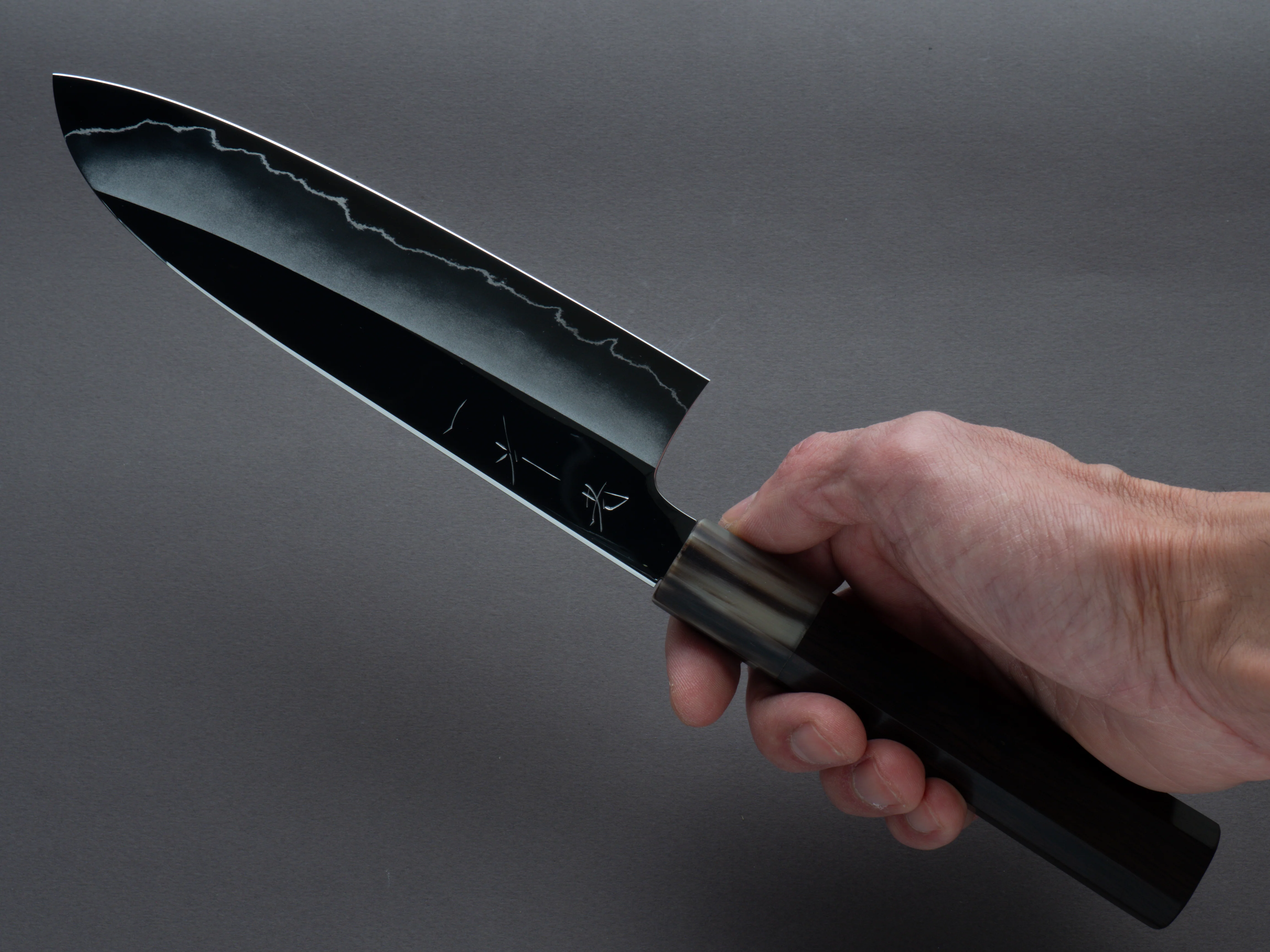 Hitohira - Kikuchiyo x Rou - Silver #3 - Mirror Polished - 170mm Santoku - Ebony Handle - Image 7