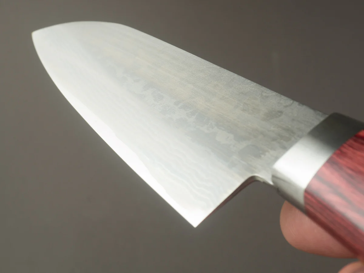 Hitohira - NM V10 - Damascus - 130mm Santoku - Pakka Handle - Image 10
