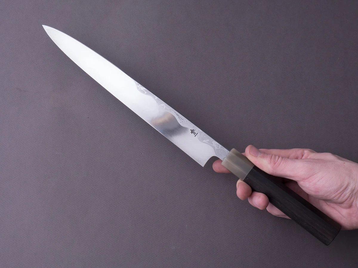 Hitohira - Tanaka - Damascus Blue #1 - 270mm Yanagiba - Ebony Handle - Saya - Mirror Polished - Image 10