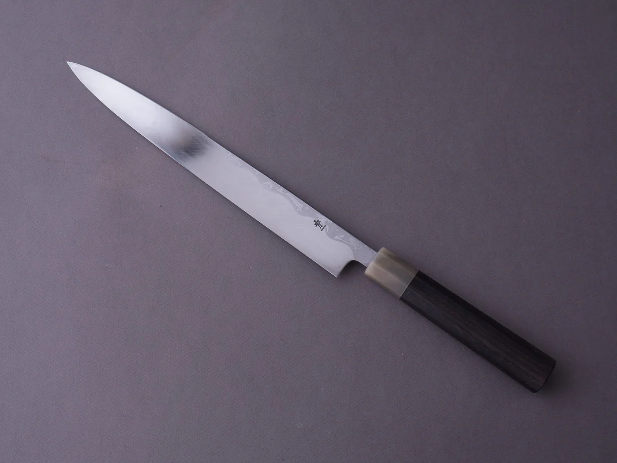 Hitohira - Tanaka - Damascus Blue #1 - 270mm Yanagiba - Ebony Handle - Saya - Mirror Polished - Image 6