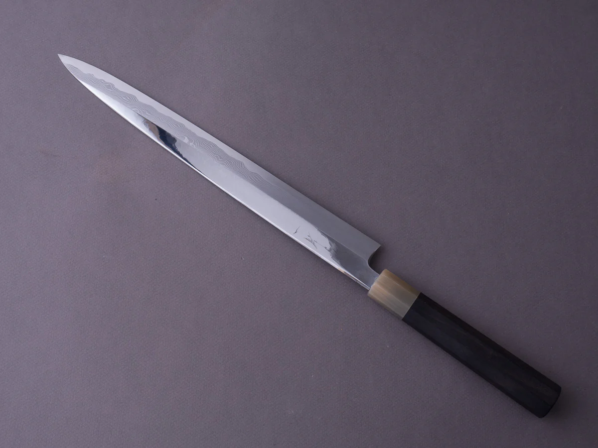 Hitohira - Tanaka x Mosuke - Blue #1 - MIrror Polished Damascus - 300mm Yanagiba - Ebony Handle - Saya