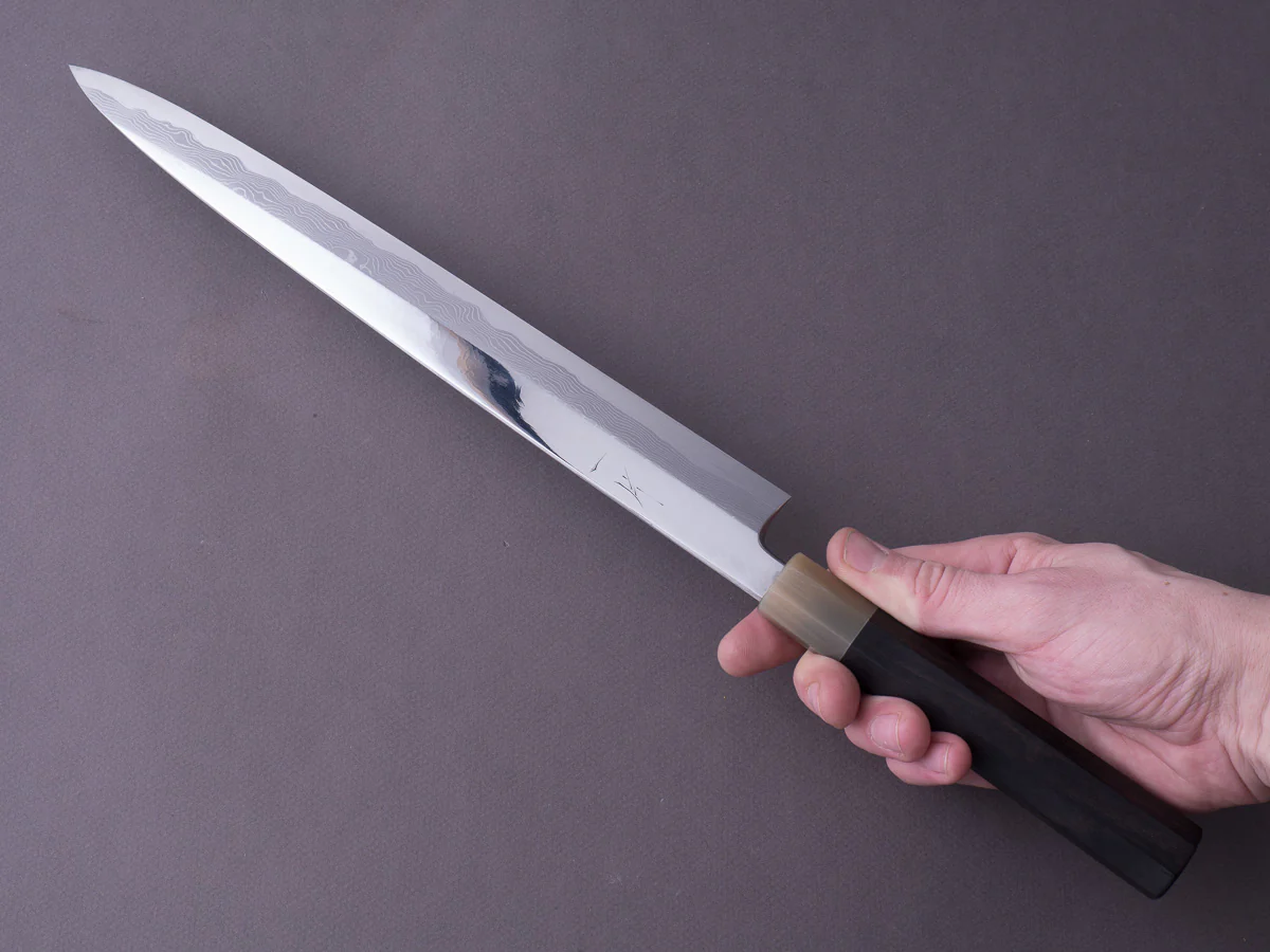 Hitohira - Tanaka x Mosuke - Blue #1 - MIrror Polished Damascus - 300mm Yanagiba - Ebony Handle - Saya - Image 10