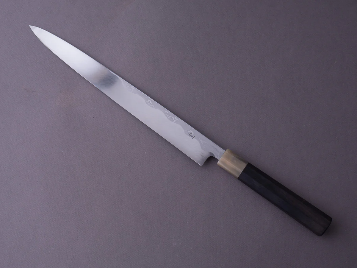Hitohira - Tanaka x Mosuke - Blue #1 - MIrror Polished Damascus - 300mm Yanagiba - Ebony Handle - Saya - Image 5