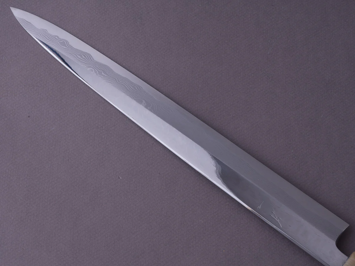 Hitohira - Tanaka x Mosuke - Blue #1 - MIrror Polished Damascus - 300mm Yanagiba - Ebony Handle - Saya - Image 6