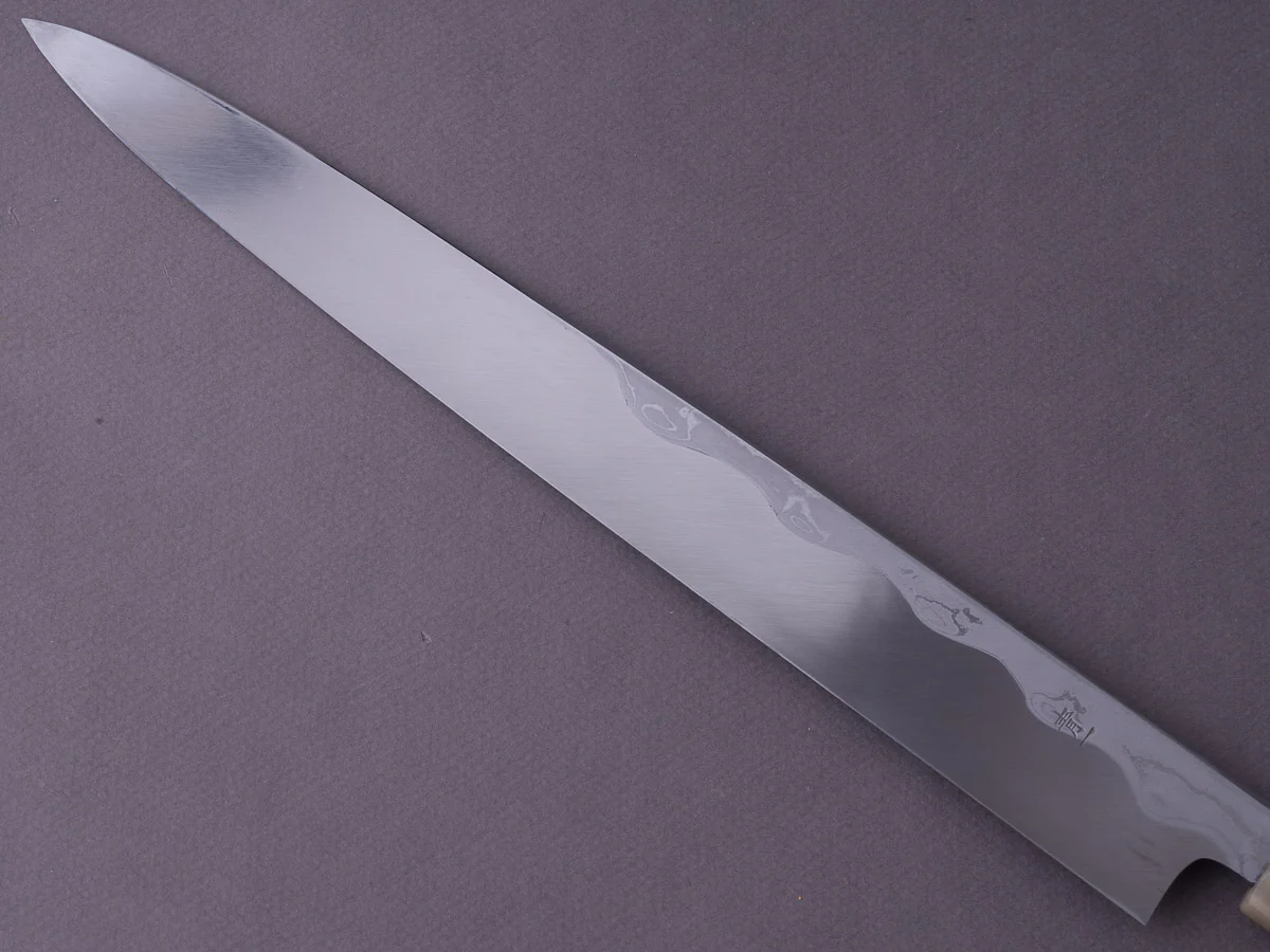 Hitohira - Tanaka x Mosuke - Blue #1 - MIrror Polished Damascus - 300mm Yanagiba - Ebony Handle - Saya - Image 7