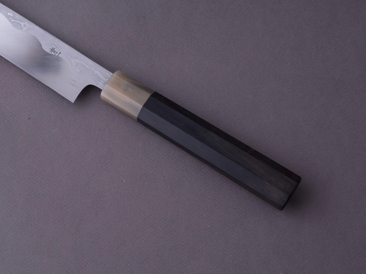 Hitohira - Tanaka x Mosuke - Blue #1 - MIrror Polished Damascus - 300mm Yanagiba - Ebony Handle - Saya - Image 8