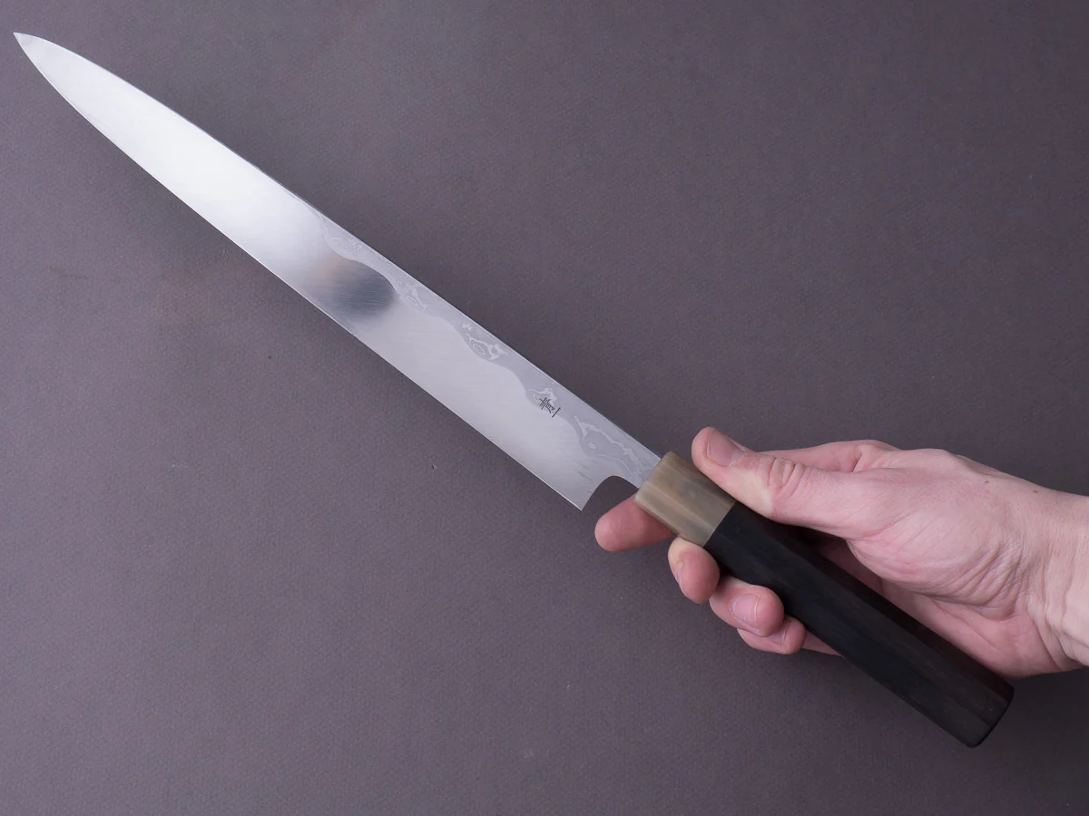 Hitohira - Tanaka x Mosuke - Blue #1 - MIrror Polished Damascus - 300mm Yanagiba - Ebony Handle - Saya - Image 9