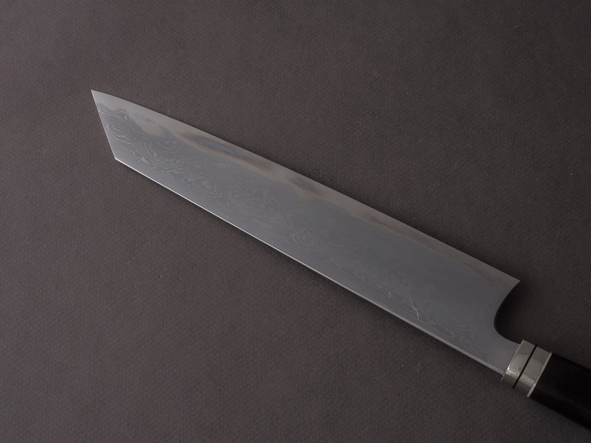 Hitohira - Tanaka x Kyuzo - Blue #1 Damascus - 240mm Kiritsuke Gyuto - Ebony Fusion Handle - Image 10