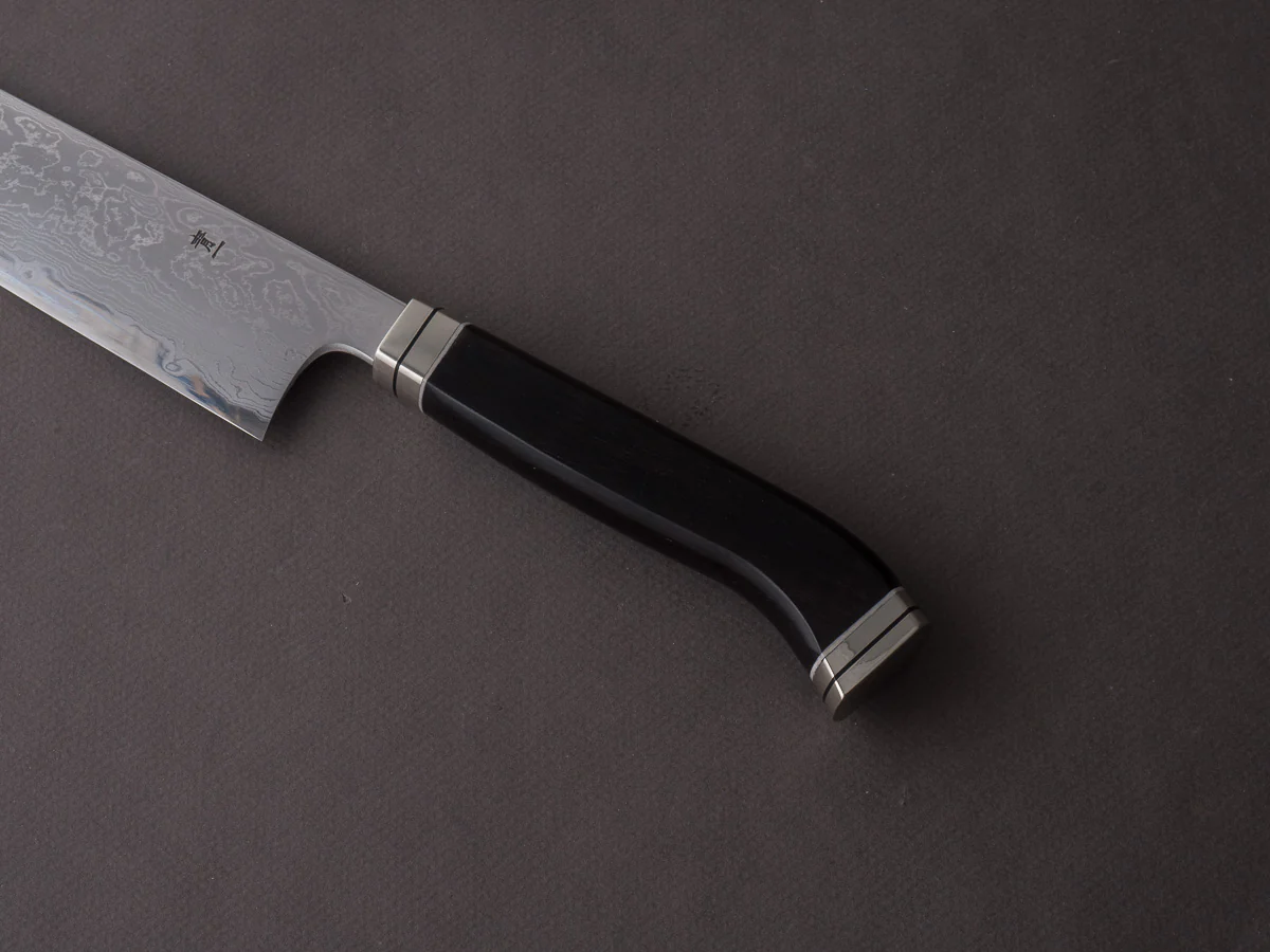 Hitohira - Tanaka x Kyuzo - Blue #1 Damascus - 240mm Kiritsuke Gyuto - Ebony Fusion Handle - Image 4