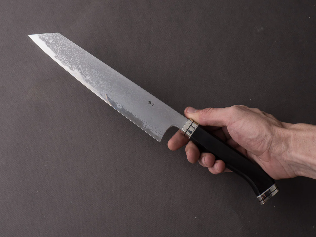 Hitohira - Tanaka x Kyuzo - Blue #1 Damascus - 240mm Kiritsuke Gyuto - Ebony Fusion Handle - Image 6