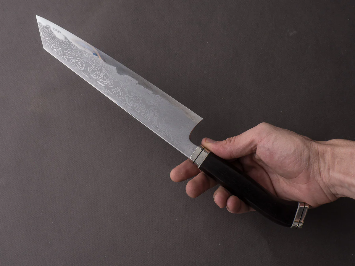 Hitohira - Tanaka x Kyuzo - Blue #1 Damascus - 240mm Kiritsuke Gyuto - Ebony Fusion Handle - Image 7