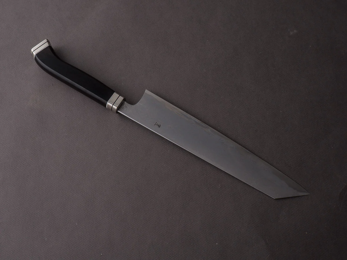 Hitohira - Tanaka x Kyuzo - Blue #1 Damascus - 240mm Kiritsuke Gyuto - Ebony Fusion Handle - Image 9