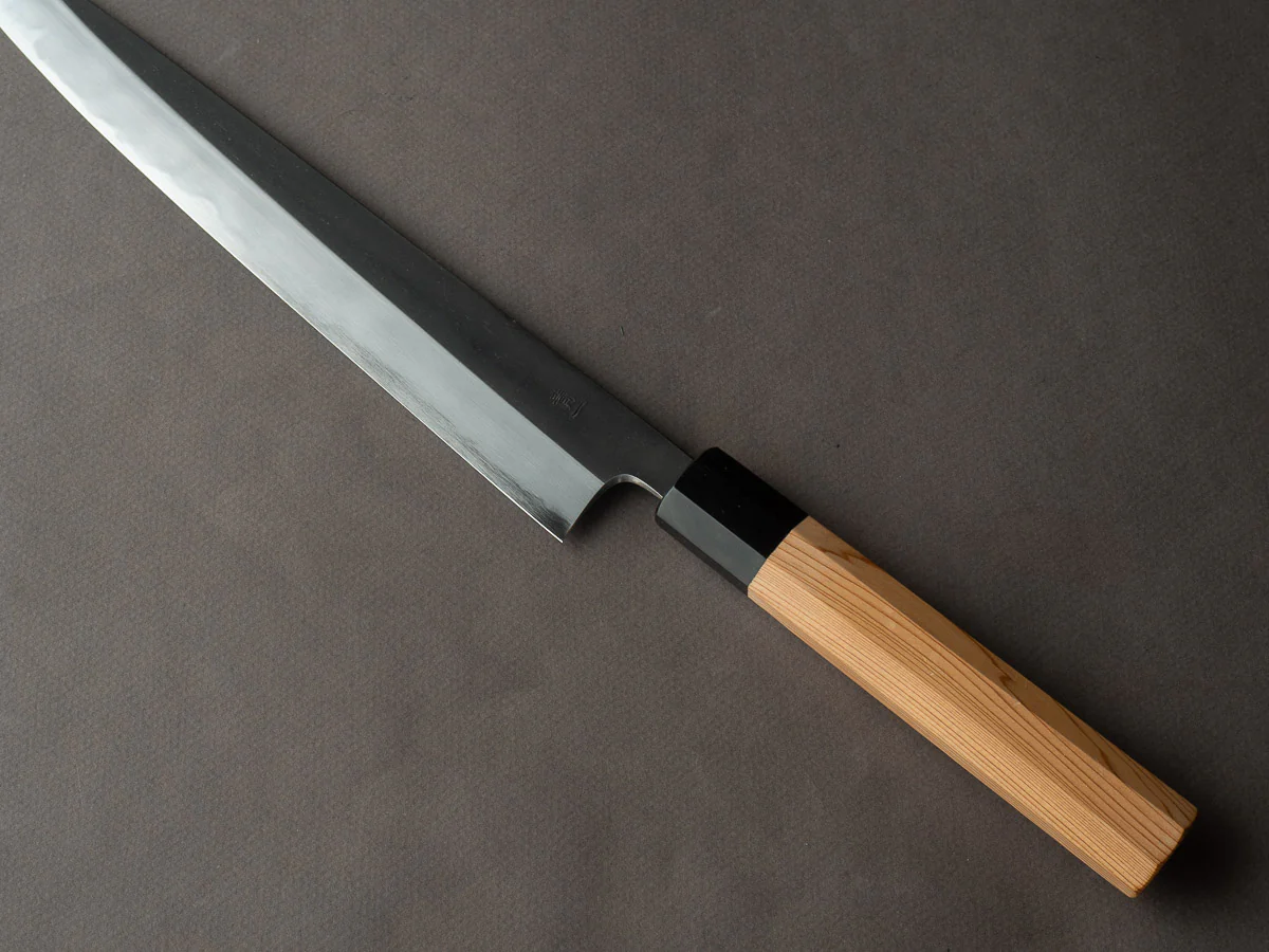 Hitohira - Tanaka x Kyuzo - Blue #1 - Kurouchi - 270mm Sujihiki - Yakusugi Cedar handle - Image 4