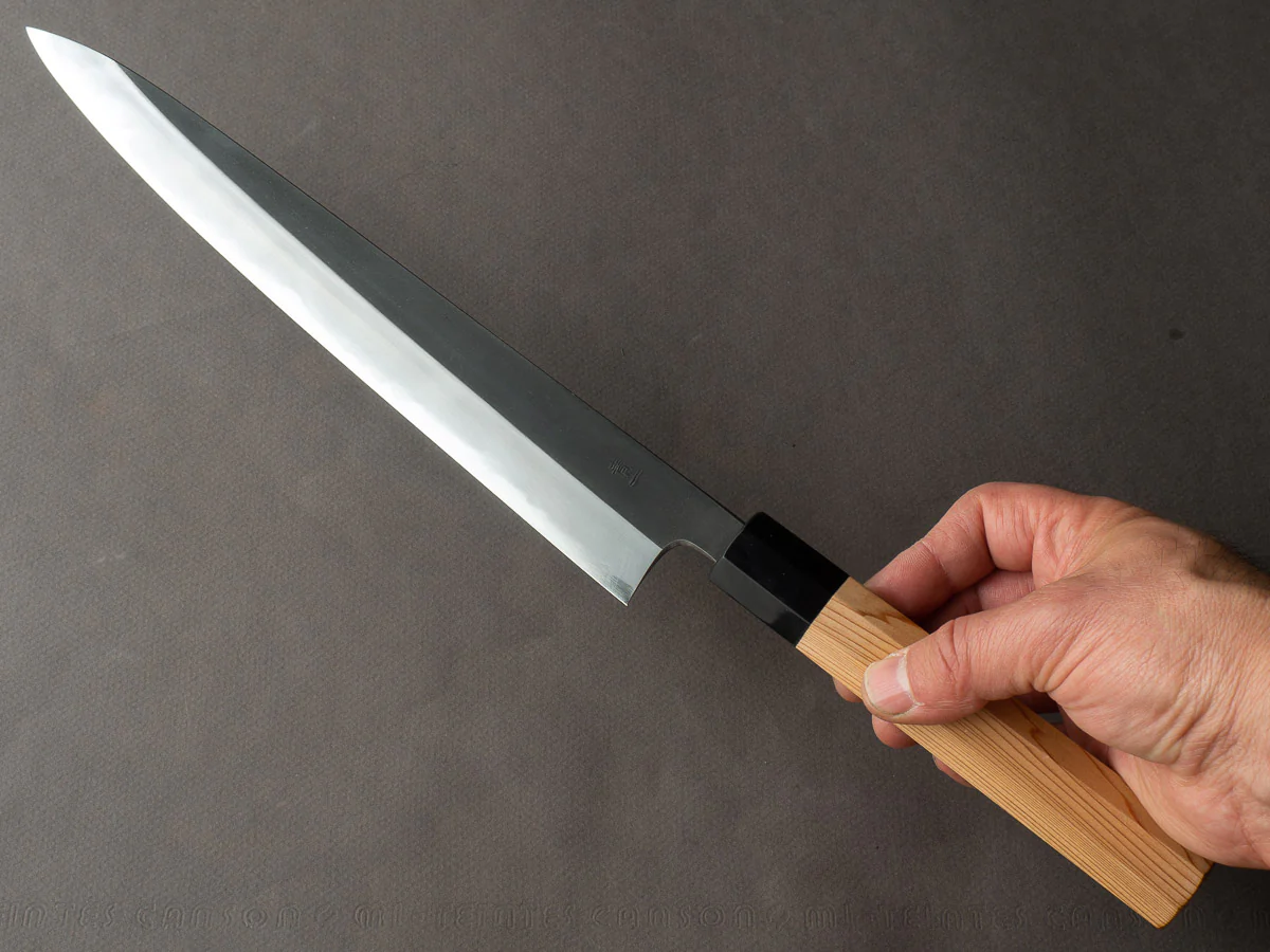 Hitohira - Tanaka x Kyuzo - Blue #1 - Kurouchi - 270mm Sujihiki - Yakusugi Cedar handle - Image 5