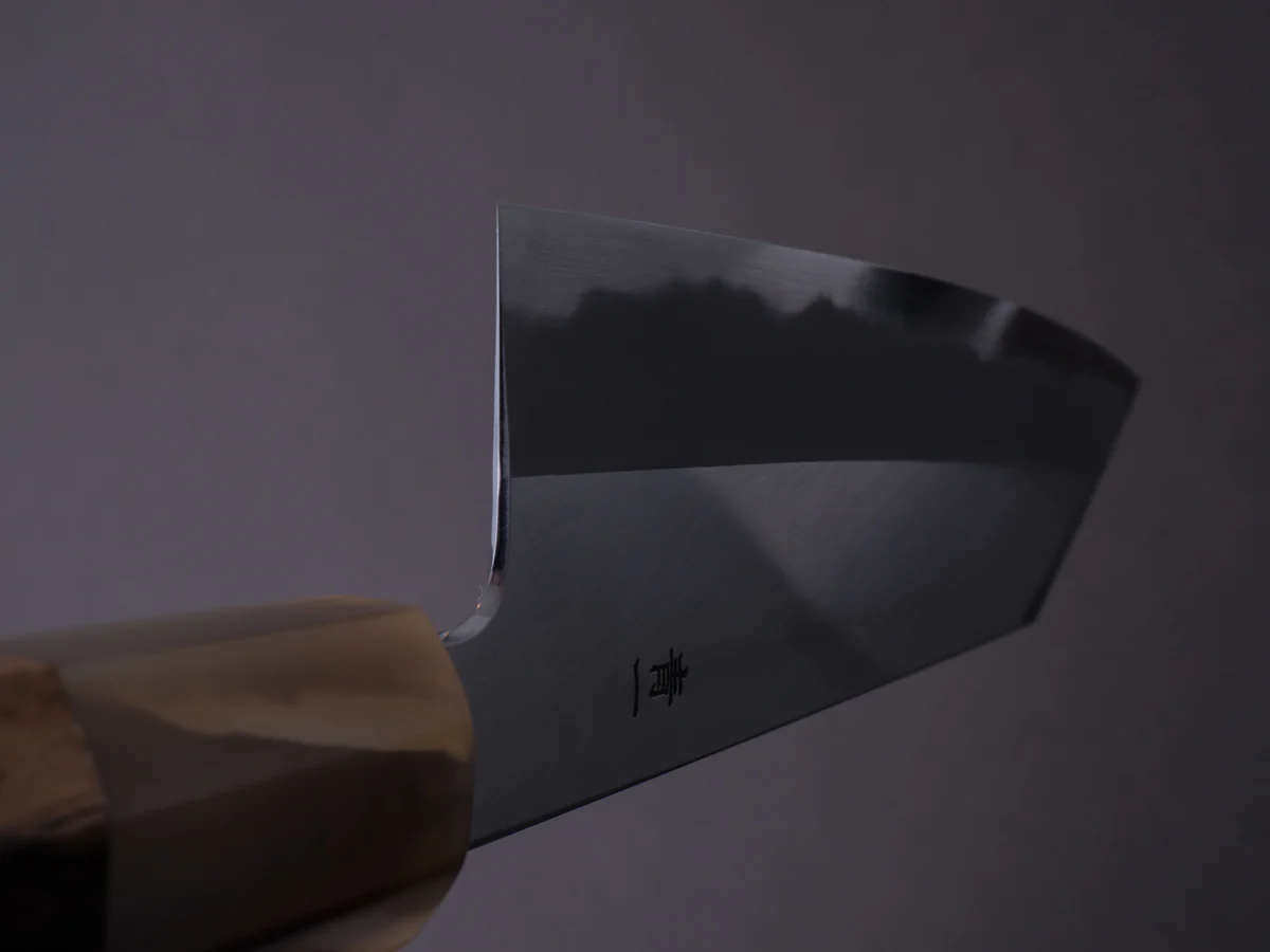 Hitohira - Tanaka x Kyuzo - Blue #1 - Migaki - 180mm Bunka - Persimmon Handle - Image 10