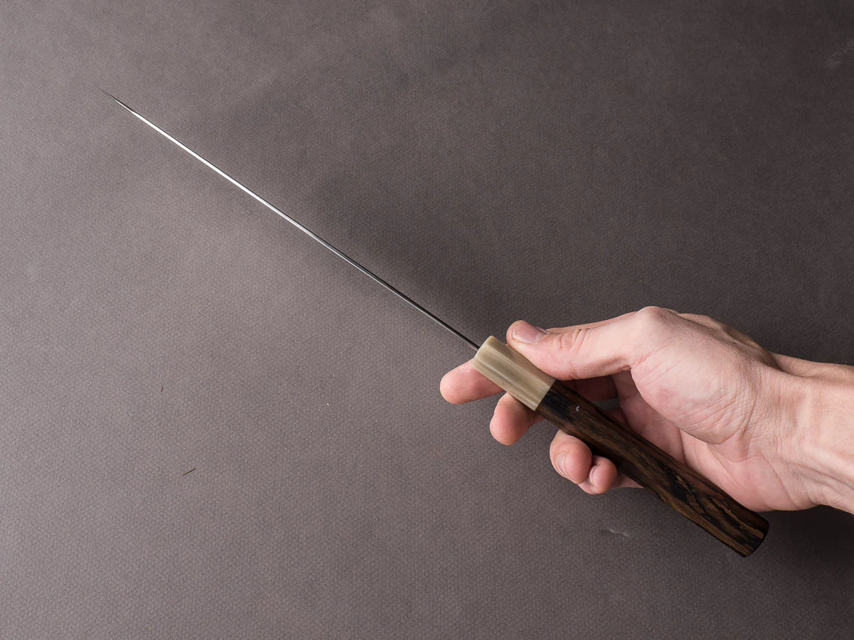 Hitohira - Tanaka x Kyuzo - Blue #1 Migaki - 240mm Kiritsuke Gyuto - Ziricote Handle - Image 9