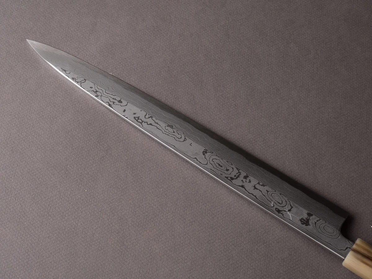 Hitohira - Tanaka x Manzo - Blue #1 Damascus - 300mm Yanagiba - Ebony Handle - Image 4