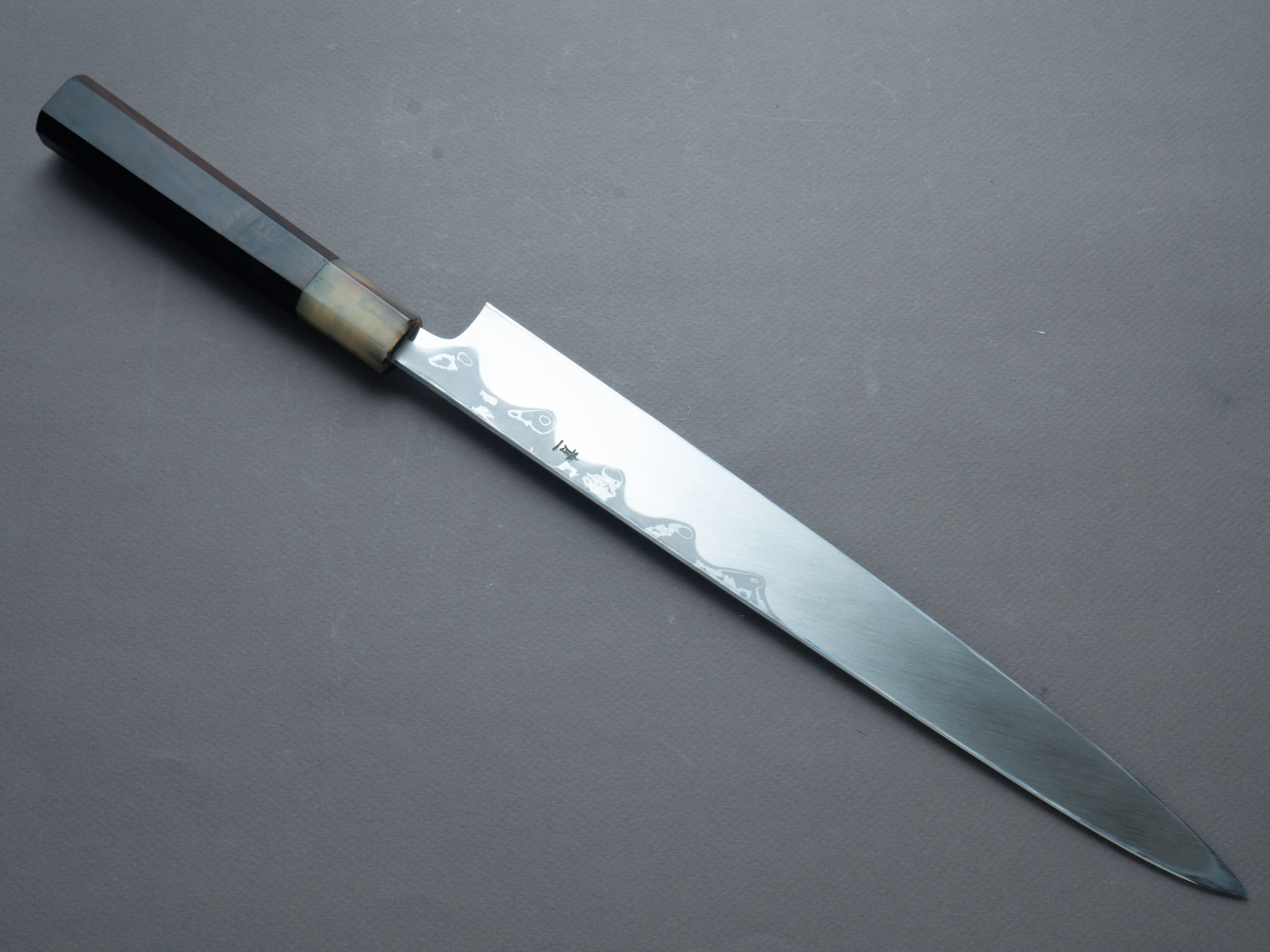Hitohira - Tanaka x Mosuke - Blue #1 - Damascus - Yanagiba - 300mm - Ebony Handle - Saya - Image 2