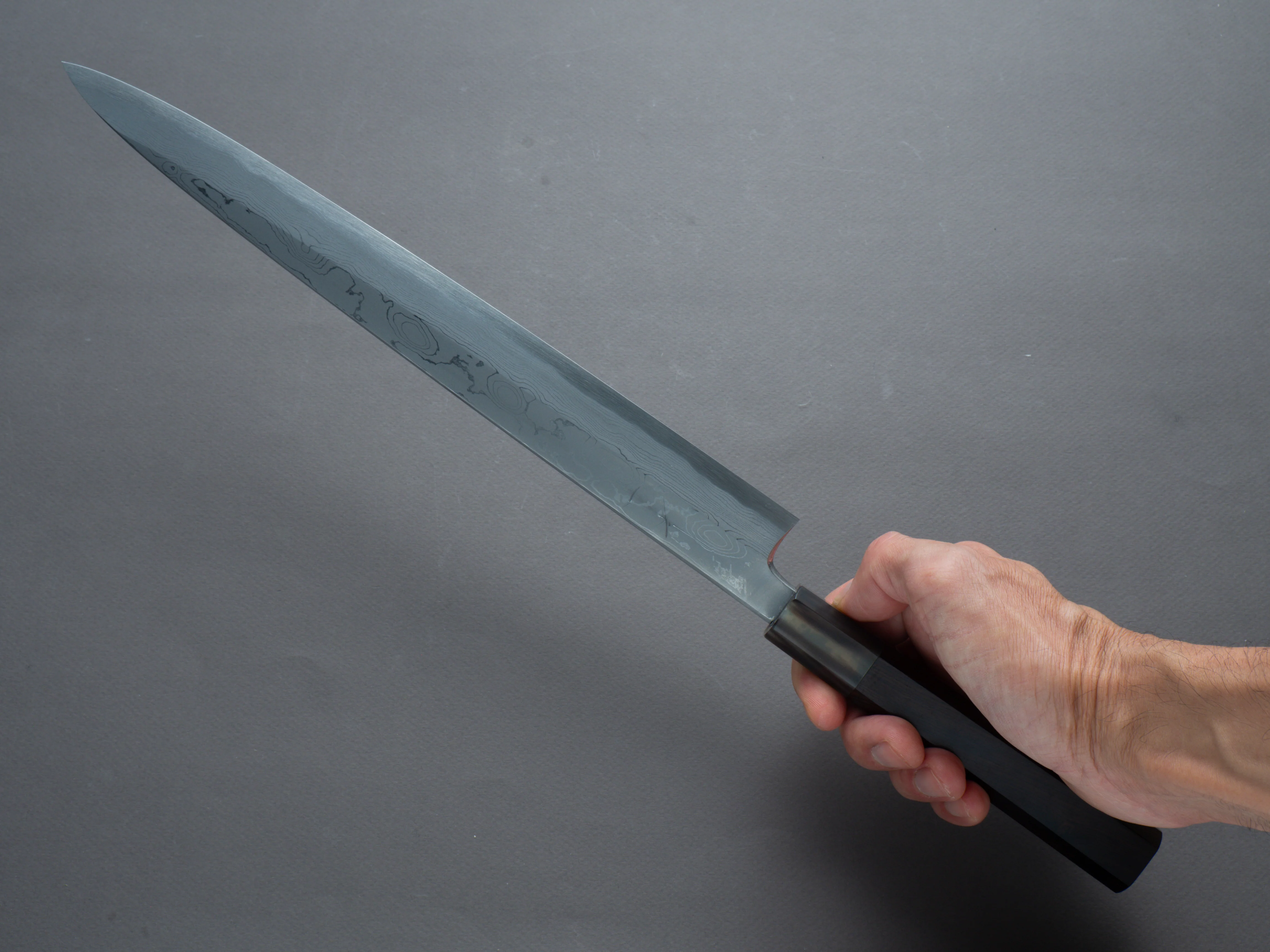 Hitohira - Tanaka x Mosuke - Blue #1 - Damascus - Yanagiba - 300mm - Ebony Handle - Saya - Image 7