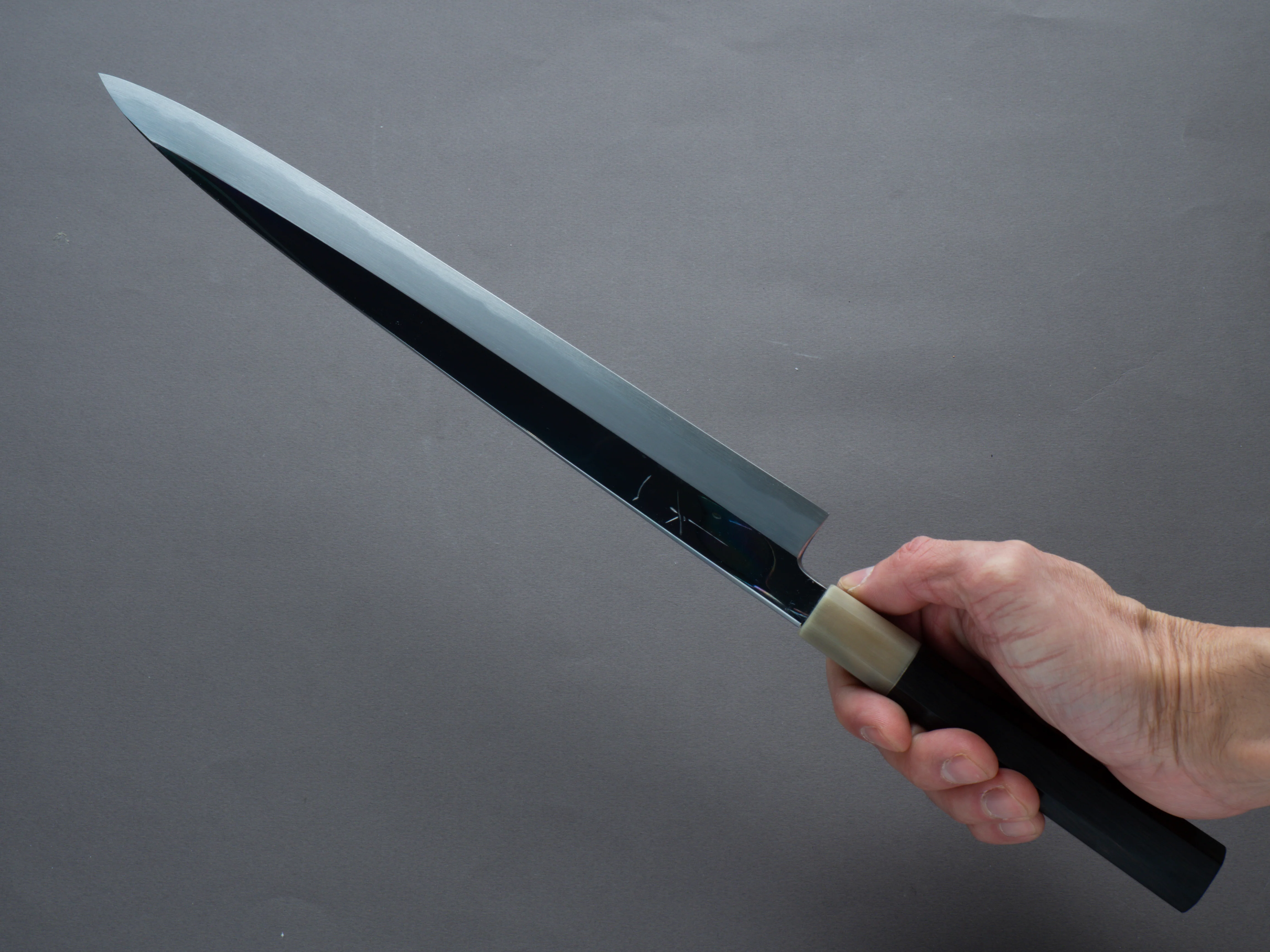 Hitohira - Tanaka x Mosuke - Blue #1 - Mirror Polished - 300mm Yanagiba - Ebony Handle - Saya - Image 6
