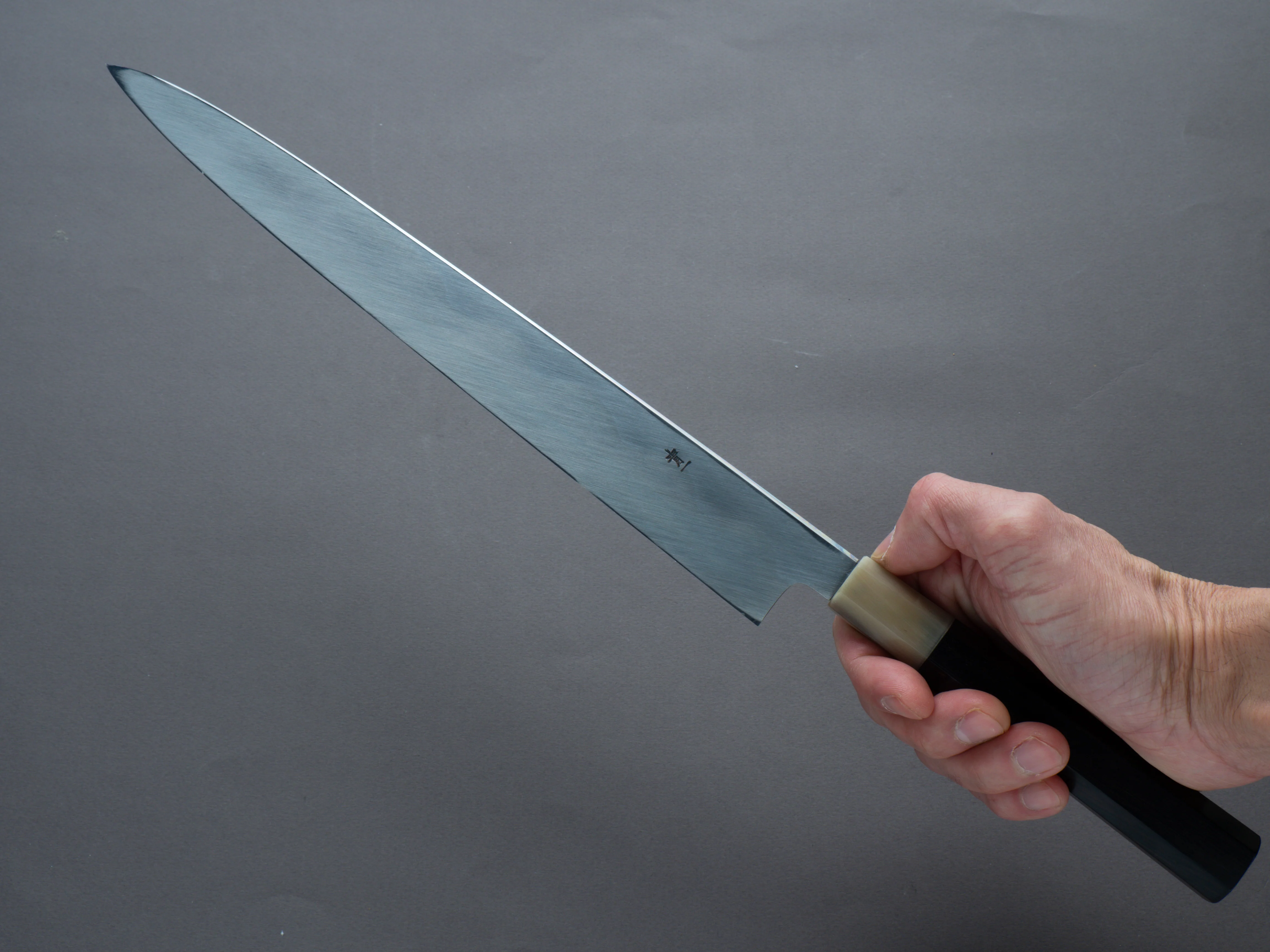 Hitohira - Tanaka x Mosuke - Blue #1 - Mirror Polished - 300mm Yanagiba - Ebony Handle - Saya - Image 7
