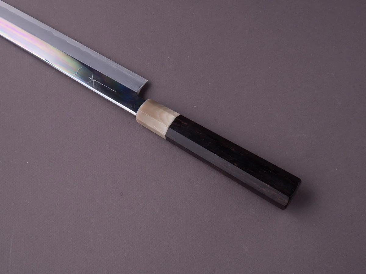 Hitohira - Tanaka x Mosuke - Blue #1 - Mirror Polished 330mm Yanagiba - Ebony Handle - Saya - Image 6