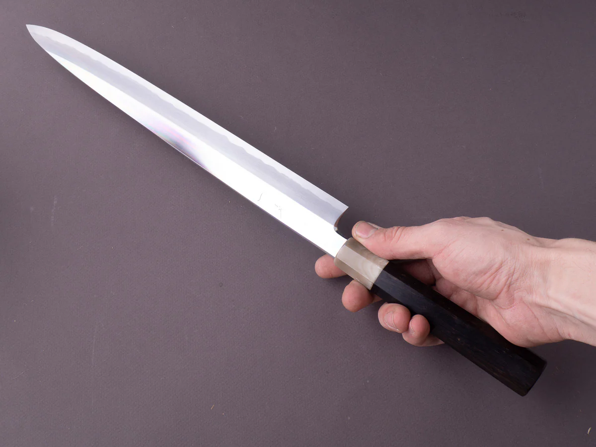 Hitohira - Tanaka x Mosuke - Blue #1 - Mirror Polished 330mm Yanagiba - Ebony Handle - Saya - Image 7