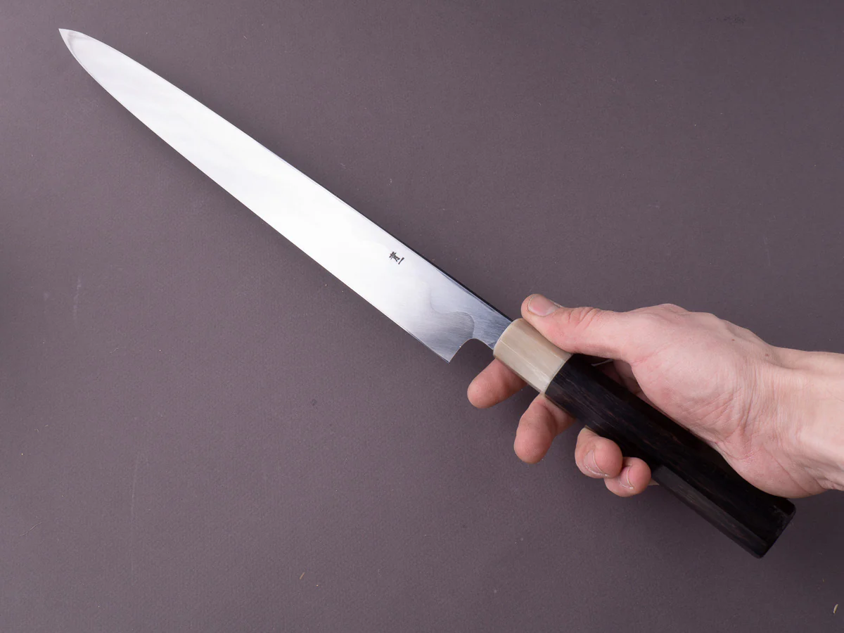 Hitohira - Tanaka x Mosuke - Blue #1 - Mirror Polished 330mm Yanagiba - Ebony Handle - Saya - Image 8