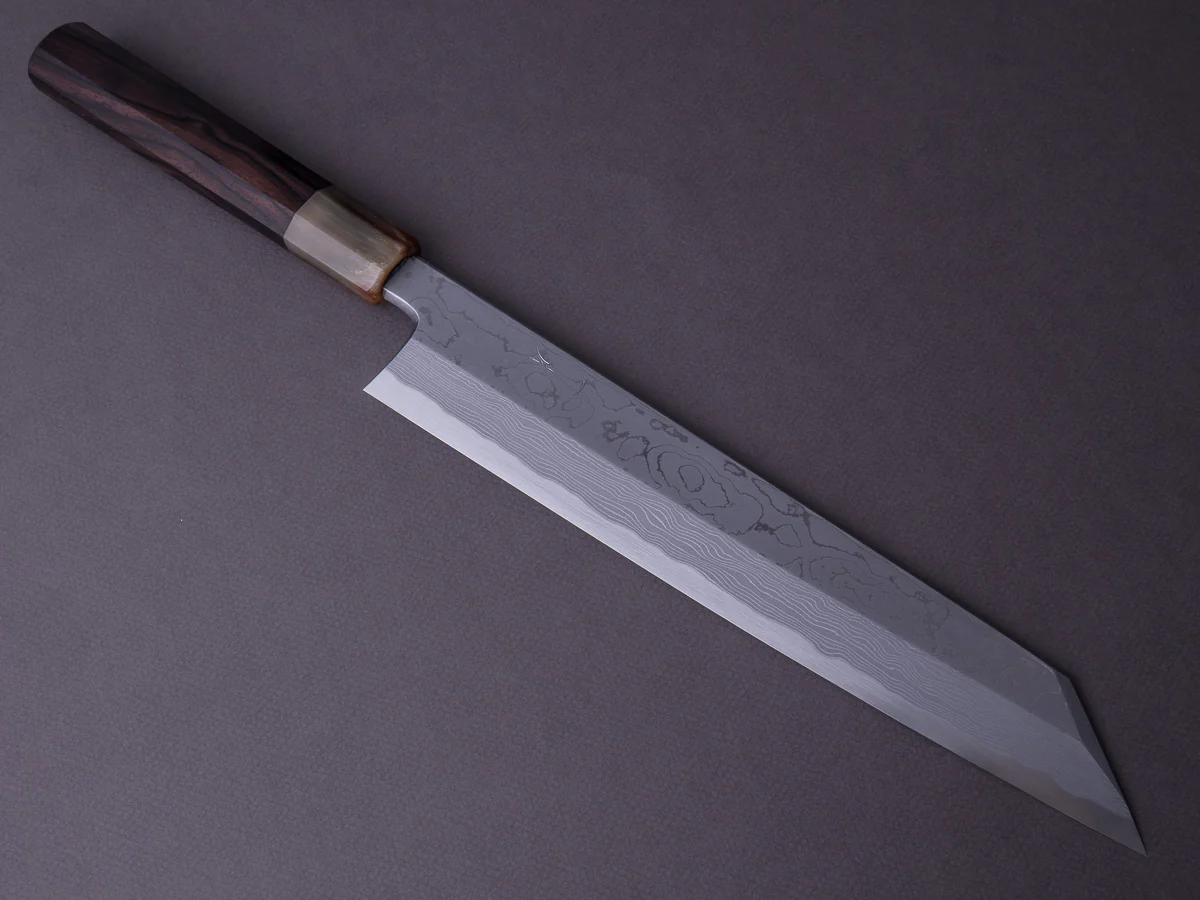 Hitohira - Tanaka x Mosuke - Blue #1 Damascus - 270mm Kiritsuke - Ziricote Handle - Image 3