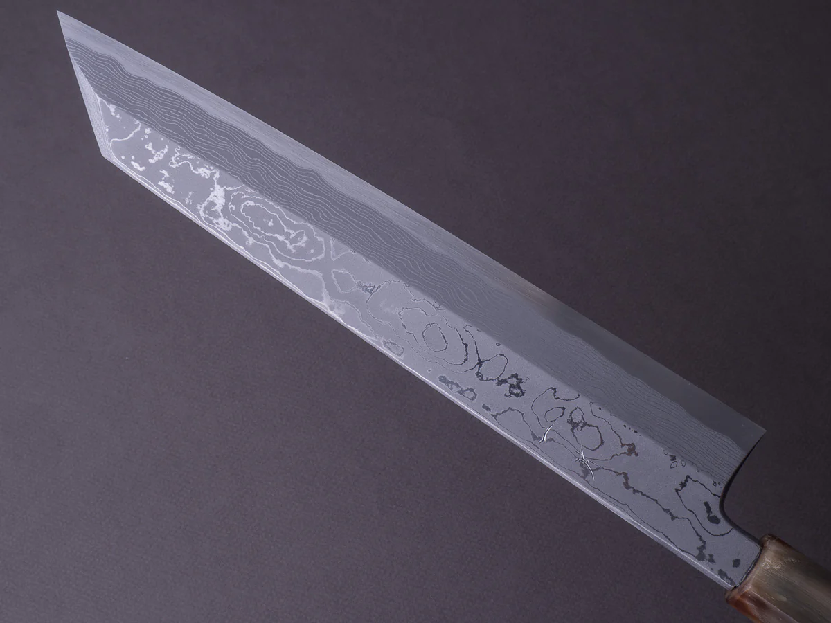 Hitohira - Tanaka x Mosuke - Blue #1 Damascus - 270mm Kiritsuke - Ziricote Handle - Image 4