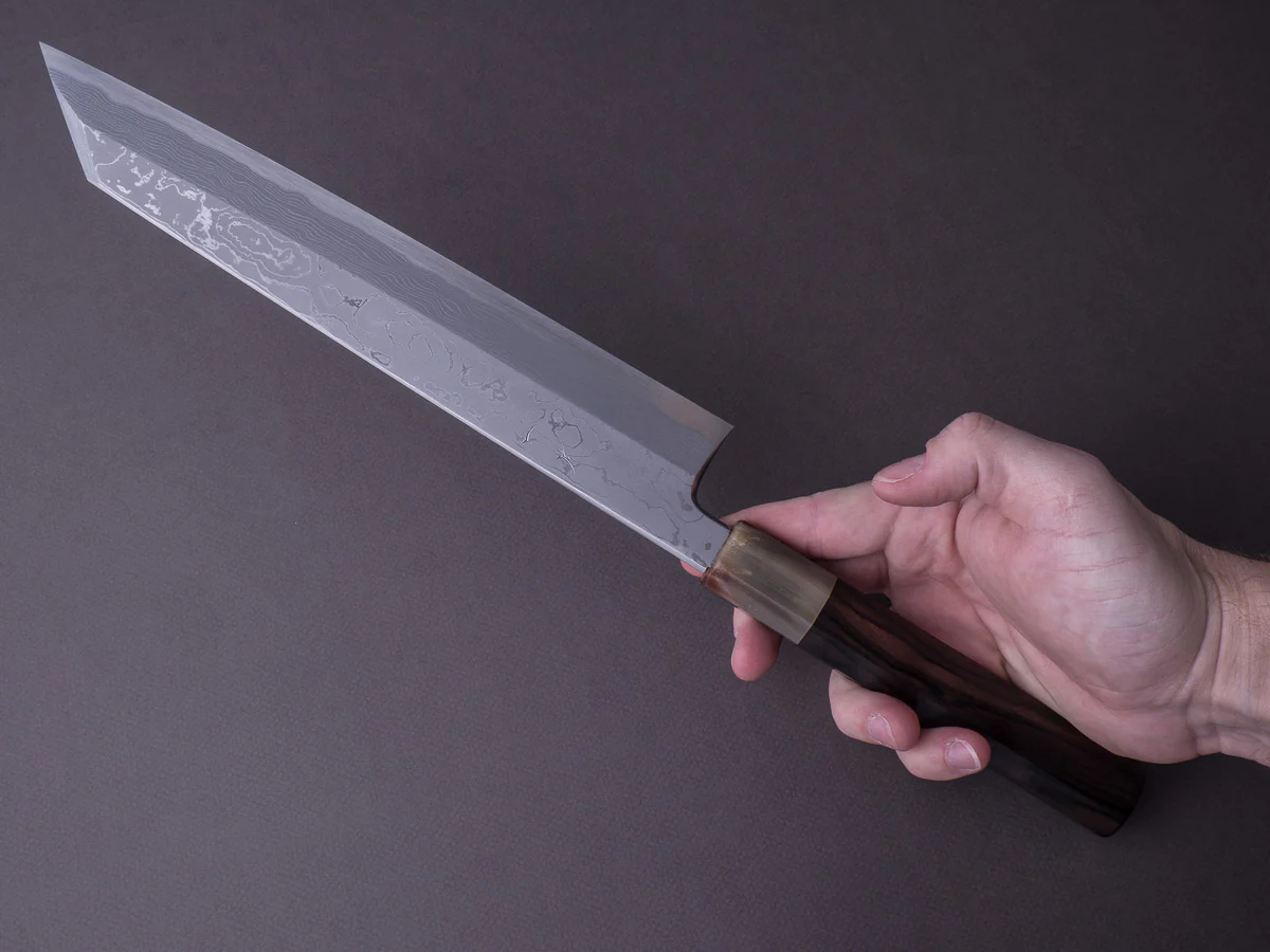 Hitohira - Tanaka x Mosuke - Blue #1 Damascus - 270mm Kiritsuke - Ziricote Handle - Image 7