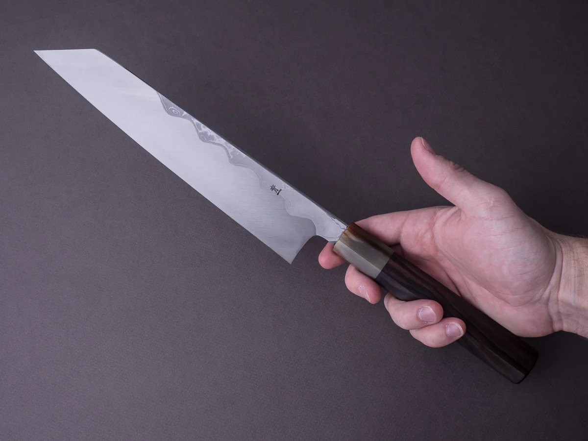 Hitohira - Tanaka x Mosuke - Blue #1 Damascus - 270mm Kiritsuke - Ziricote Handle - Image 8