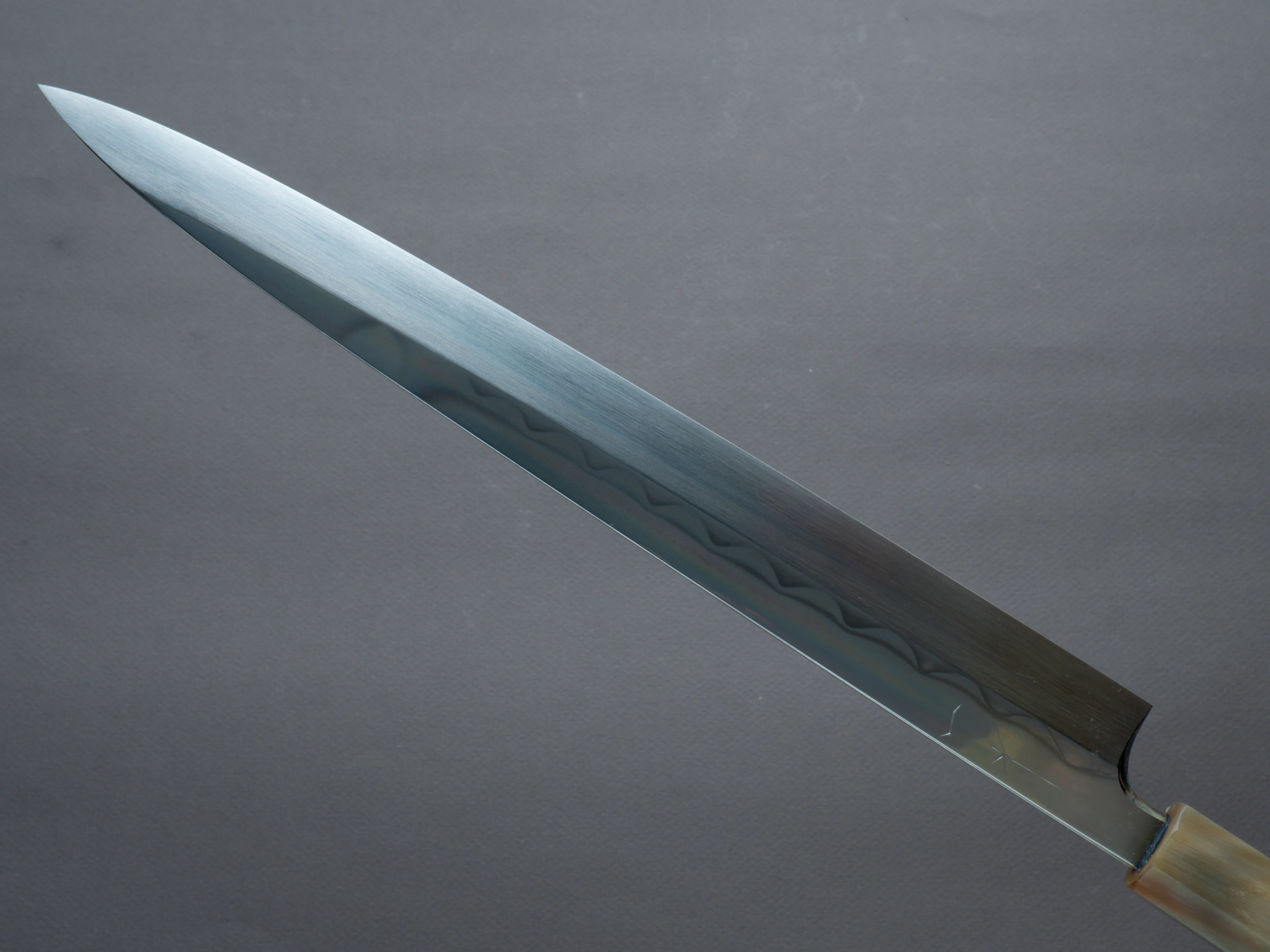 Hitohira - Togashi - Blue #1 - Mizu Honyaki - 330mm Yanagiba - Taihei Ebony Handle - Saya - Image 5