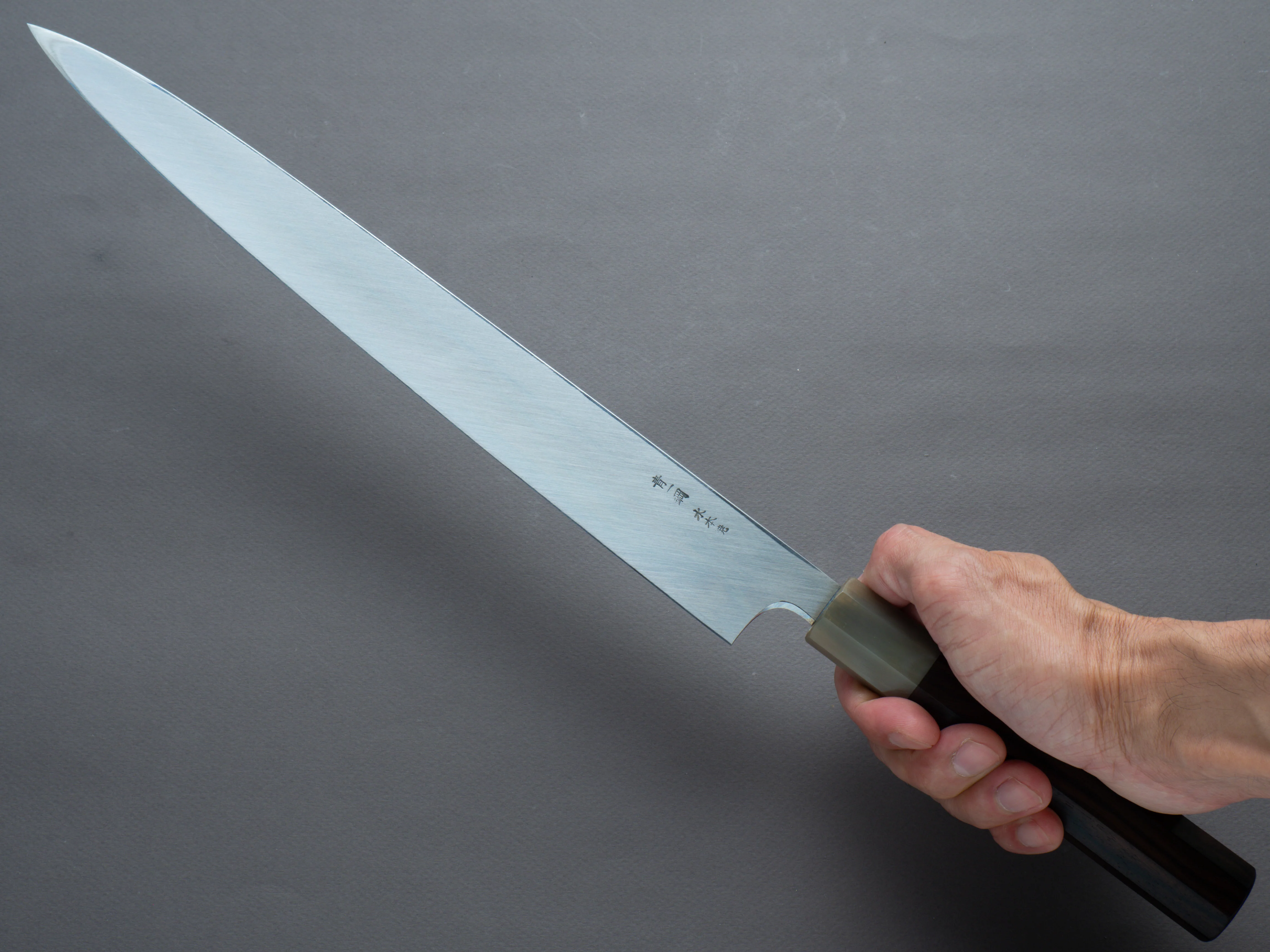 Hitohira - Togashi - Blue #1 - Mizu Honyaki - 330mm Yanagiba - Taihei Ebony Handle - Saya - Image 7