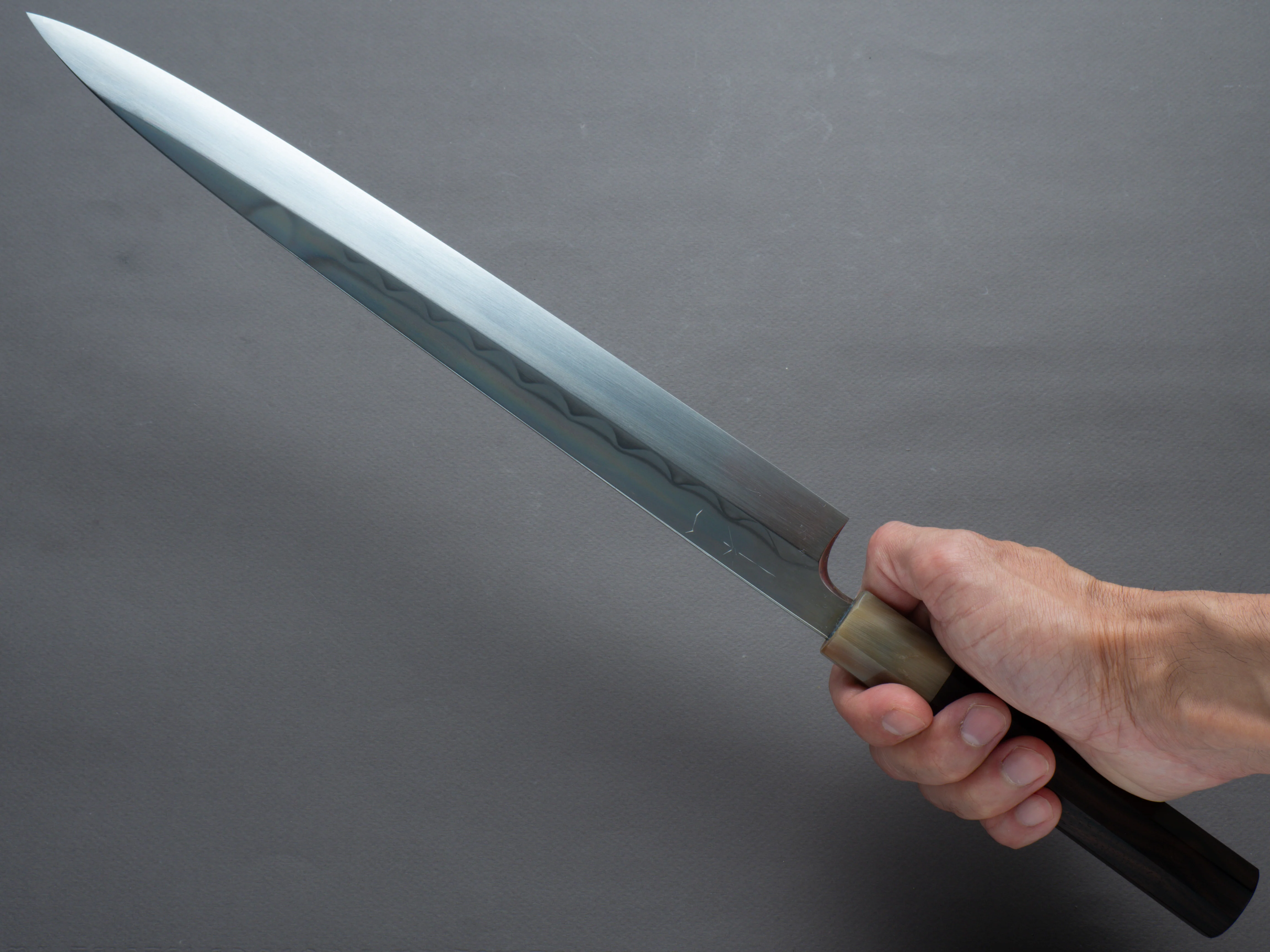 Hitohira - Togashi - Blue #1 - Mizu Honyaki - 330mm Yanagiba - Taihei Ebony Handle - Saya - Image 8