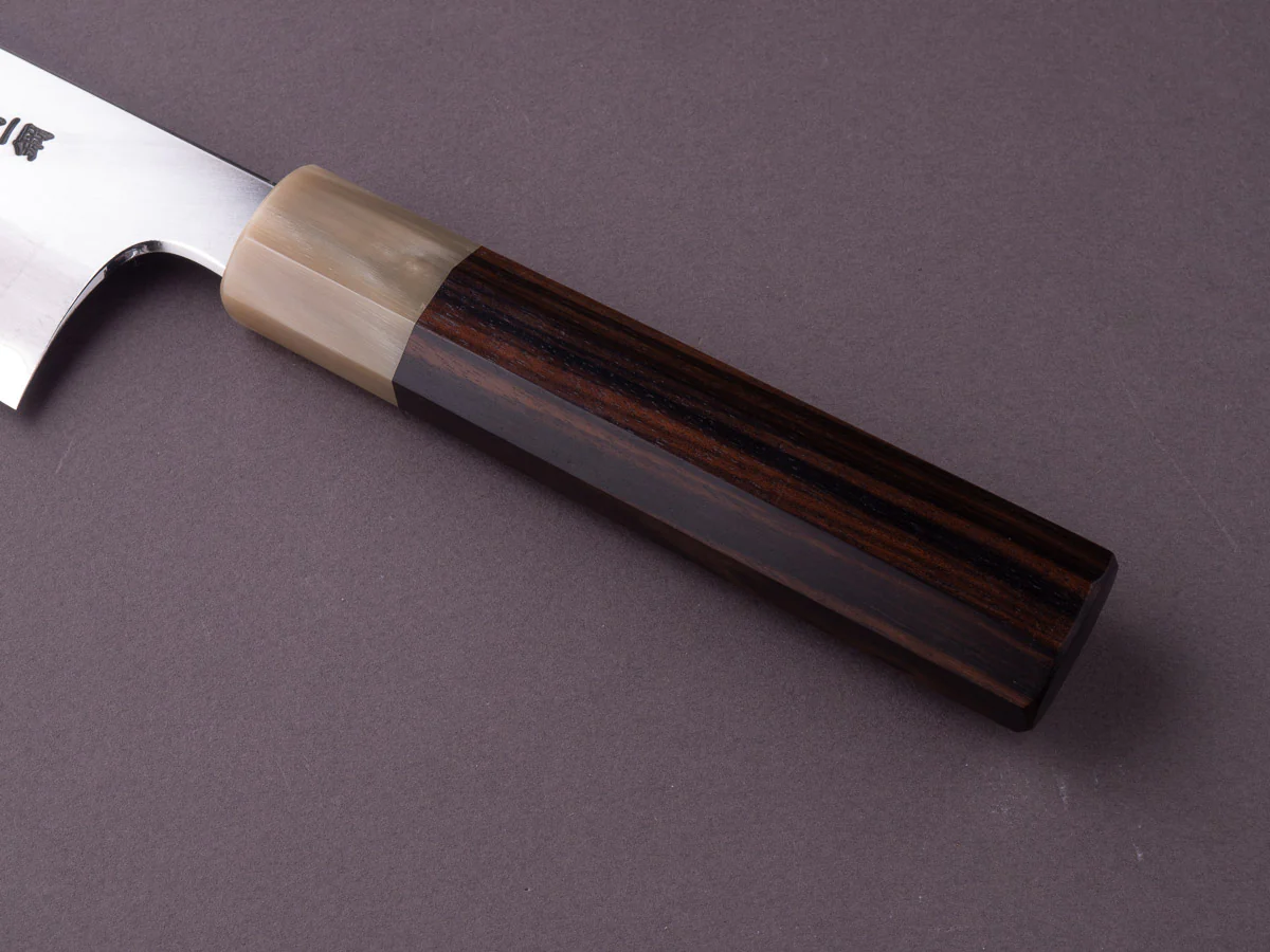 Hitohira - Togashi - Blue #1 - Stainless Clad - 180mm Santoku - Taihei Makassar Ebony Handle - Image 3