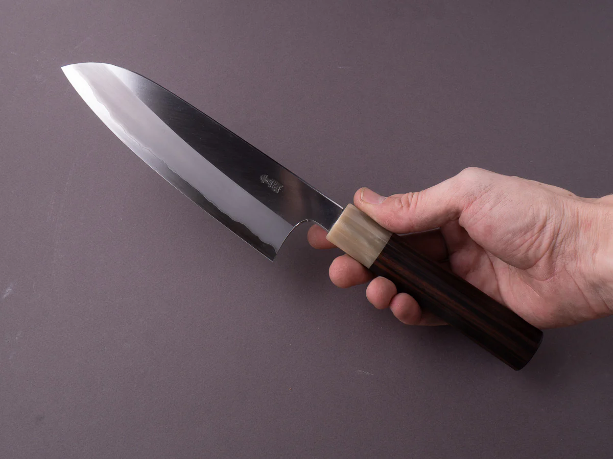Hitohira - Togashi - Blue #1 - Stainless Clad - 180mm Santoku - Taihei Makassar Ebony Handle - Image 4