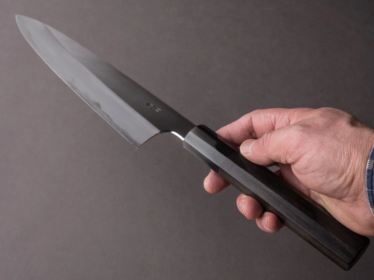 Hitohira - Togashi - Blue #1 Stainless Clad - 210mm Gyuto - Ebony Handle Black Horn - Image 6