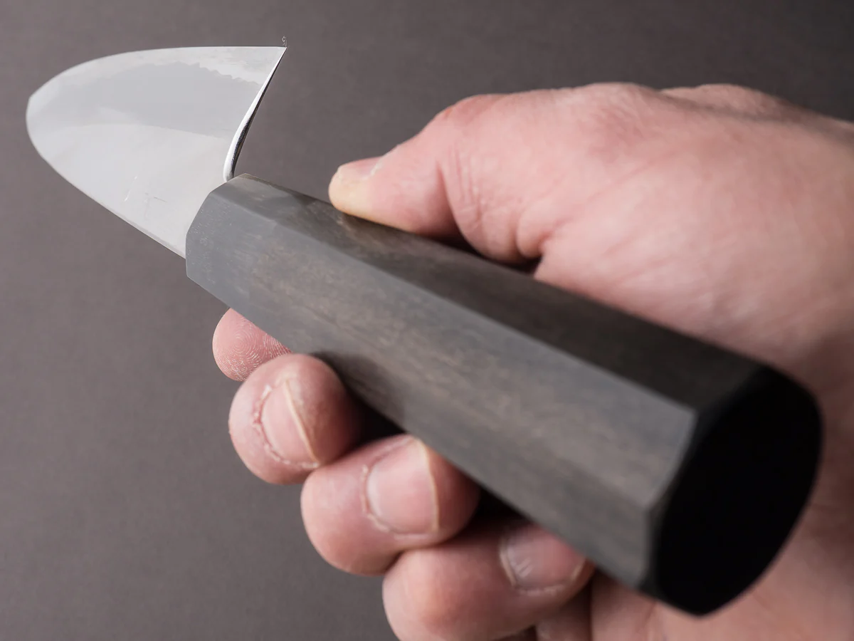 Hitohira - Togashi - Blue #1 Stainless Clad - 210mm Gyuto - Ebony Handle Black Horn - Image 9
