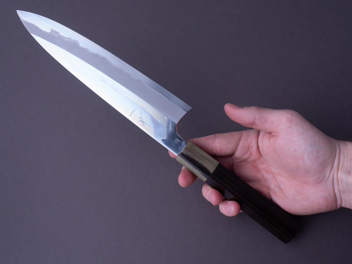 Hitohira - Togashi - Blue #1 - Mirror Polished - Stainless Clad - 210mm Gyuto - Taihei Makassar Ebony Handle - Image 7