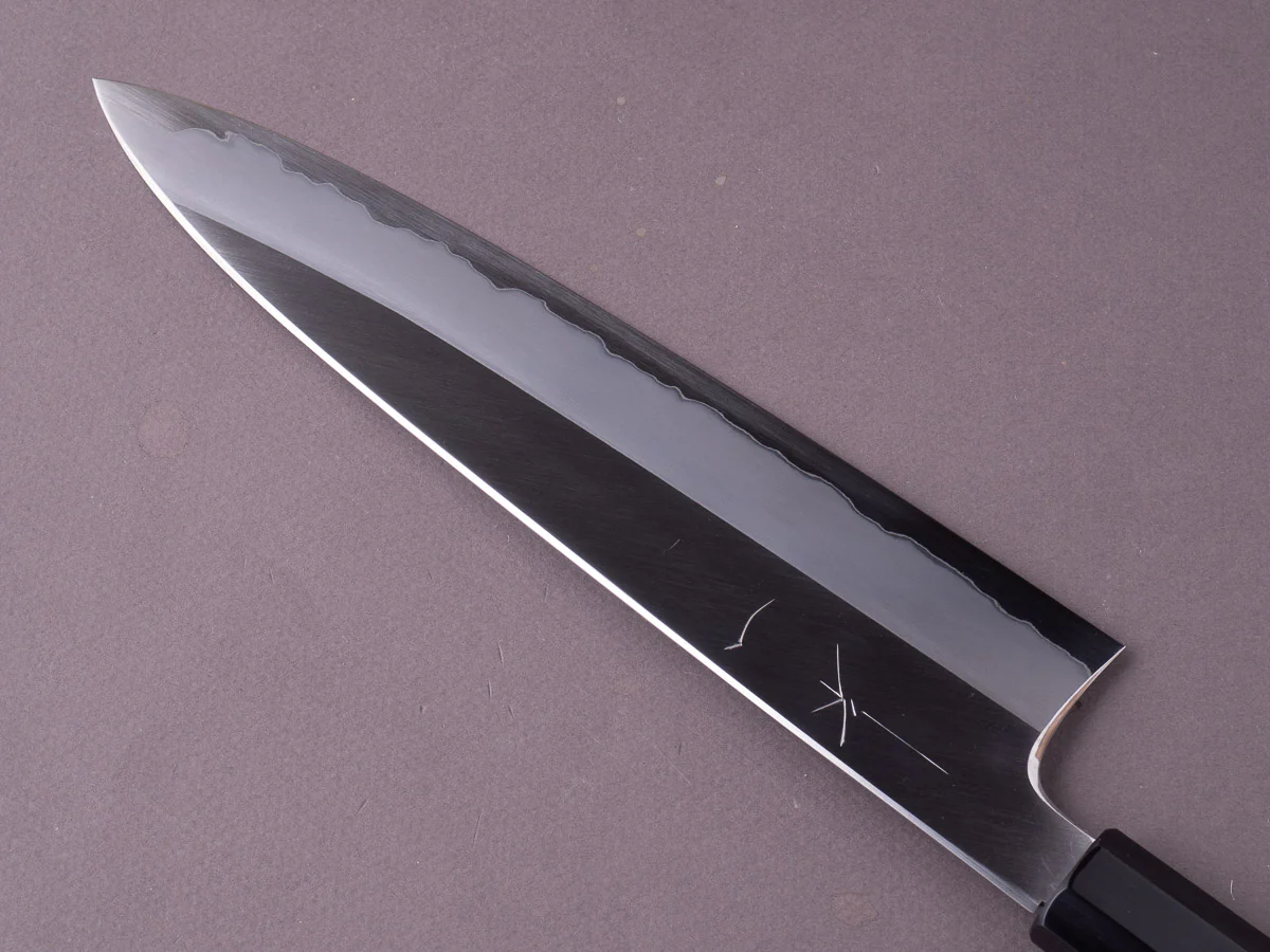 Hitohira - Togashi - Blue #1 Stainless Clad - Migaki - 240mm Gyuto - Kurokaki Persimmon Handle - Image 4