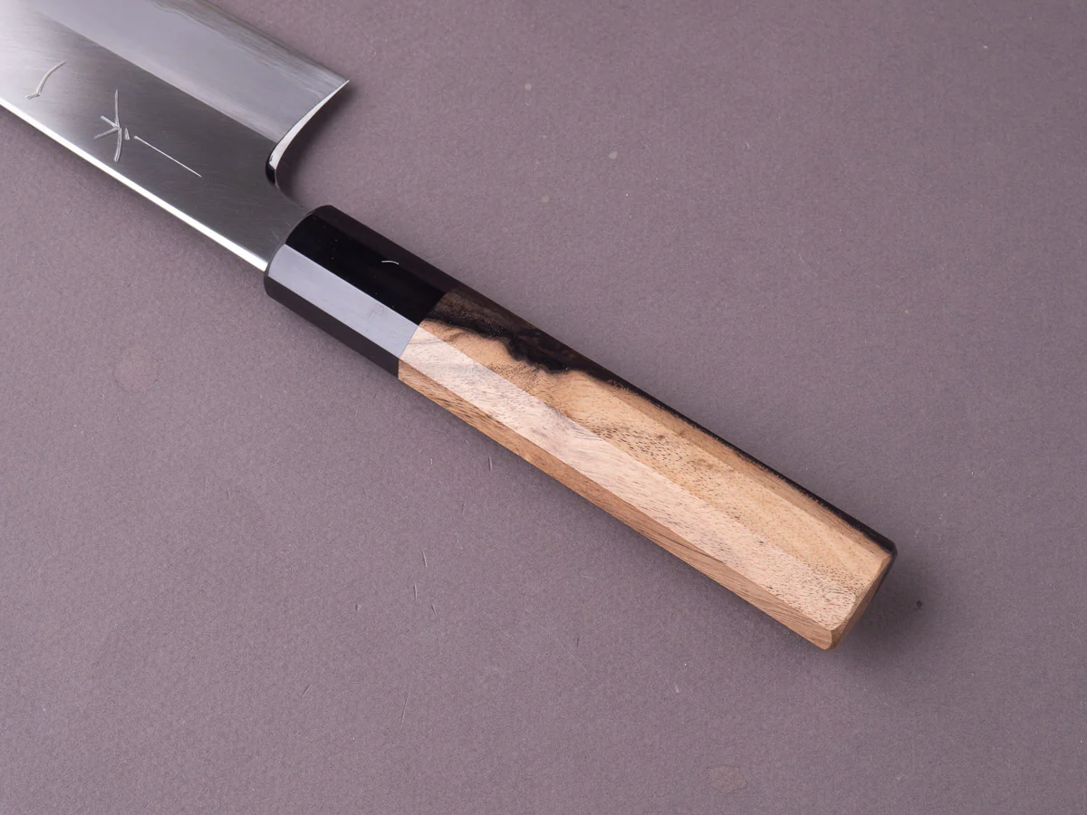 Hitohira - Togashi - Blue #1 Stainless Clad - Migaki - 240mm Gyuto - Kurokaki Persimmon Handle - Image 6