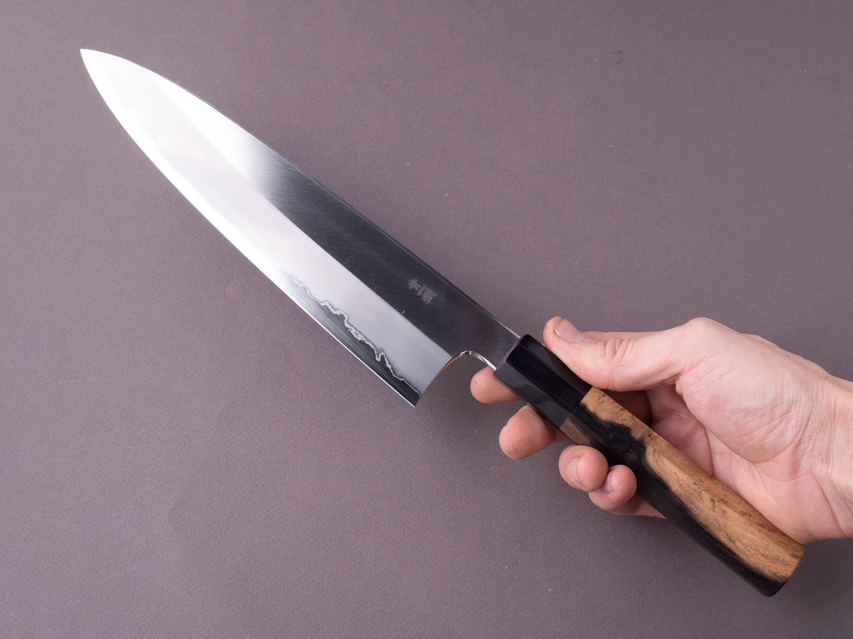 Hitohira - Togashi - Blue #1 Stainless Clad - Migaki - 240mm Gyuto - Kurokaki Persimmon Handle - Image 7