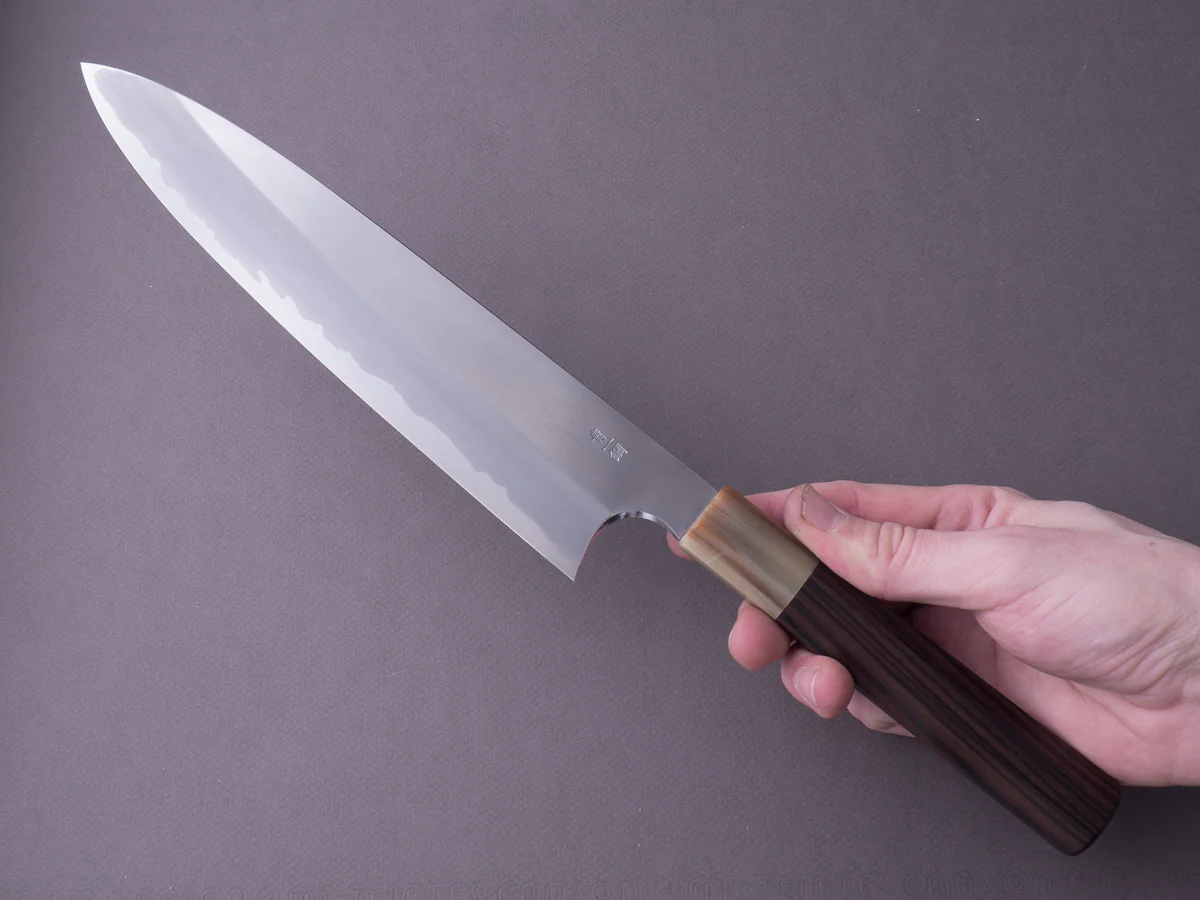 Hitohira - Togashi - Blue #1 Stainless Clad - 240mm Gyuto - Tahei Makassar Ebony Handle - Image 10