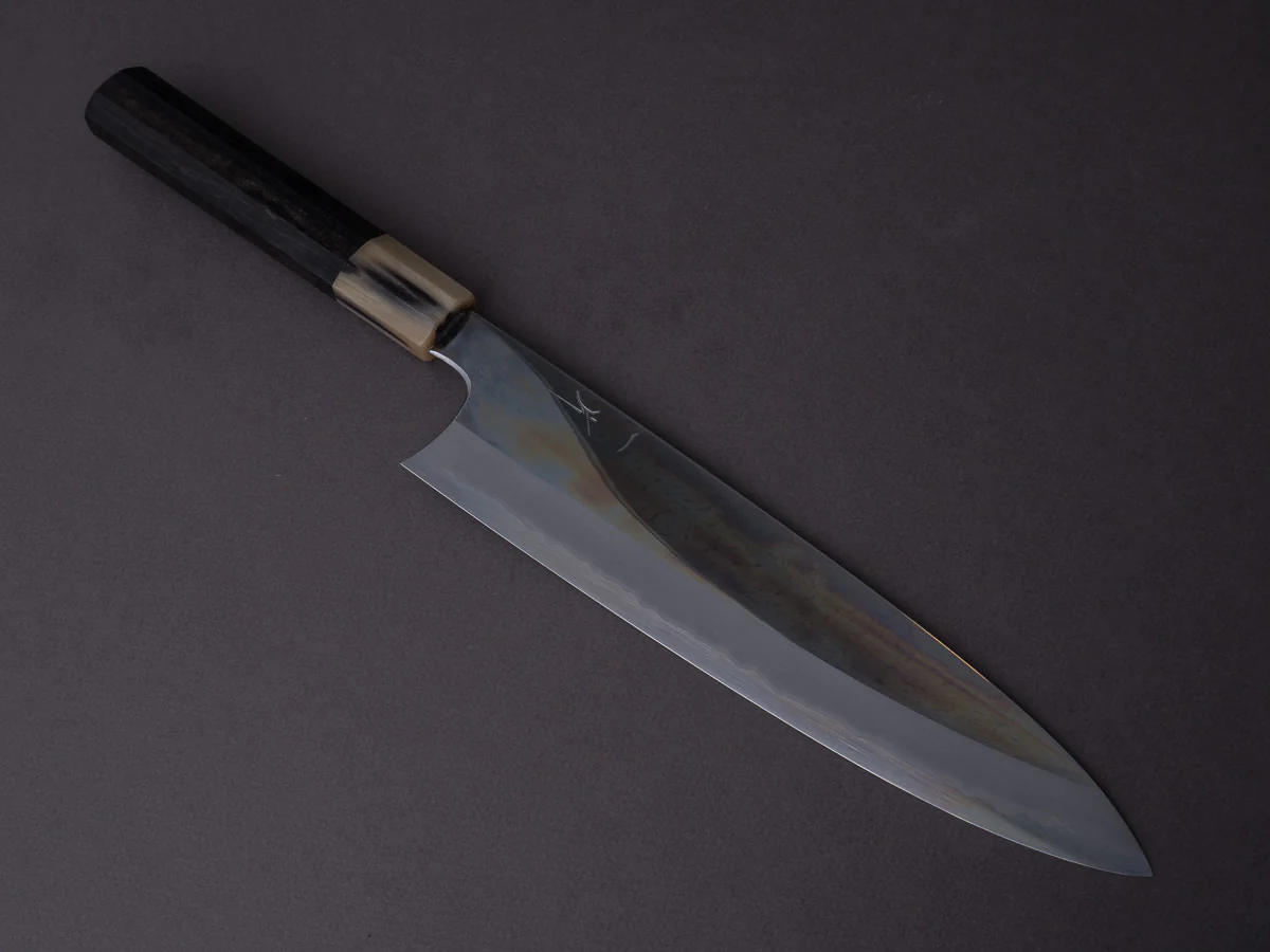 Hitohira - Togashi - Blue #1 Stainless Clad - Mirror Polished - 240mm Gyuto - Tahei Makassar Ebony Handle