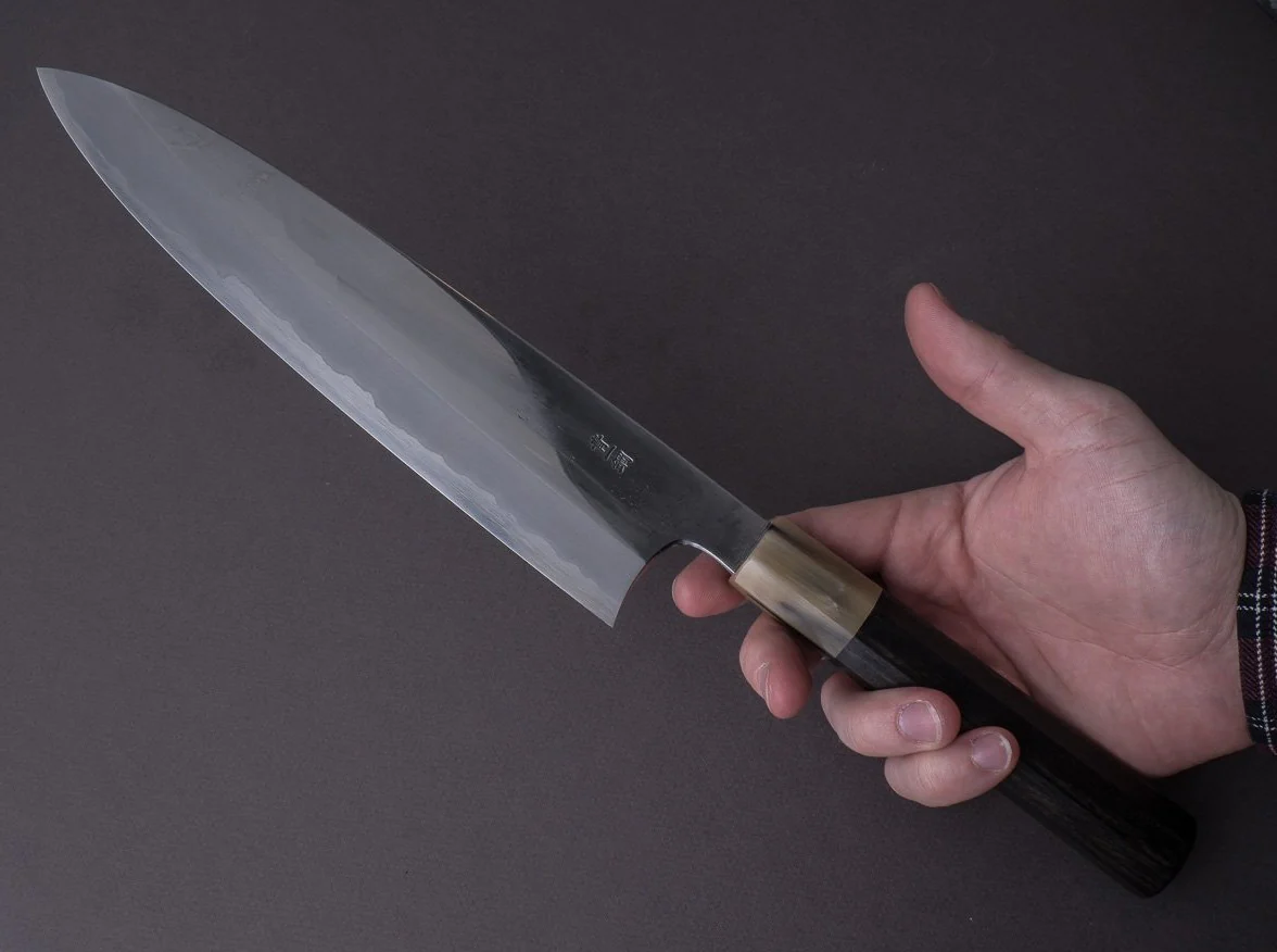 Hitohira - Togashi - Blue #1 Stainless Clad - Mirror Polished - 240mm Gyuto - Tahei Makassar Ebony Handle - Image 6